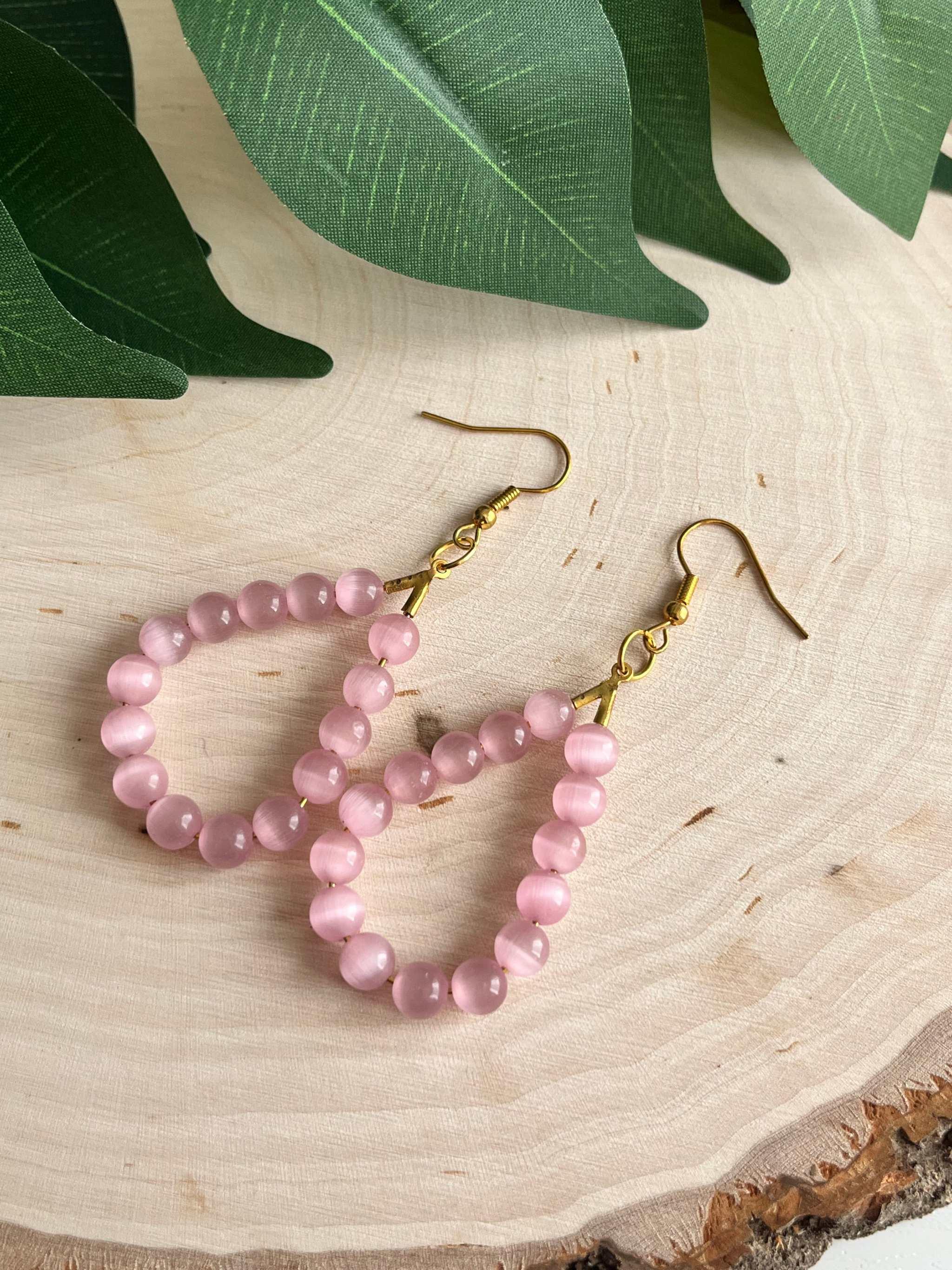Pink Cat Eye Gold Drop Earrings – Elegant Opal Shimmer