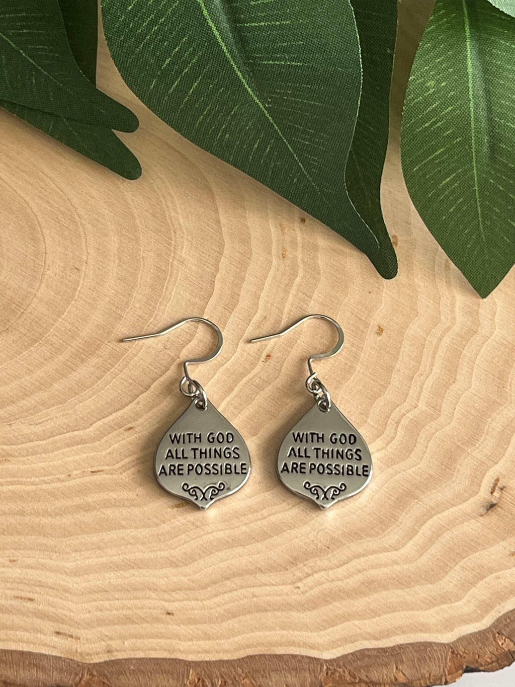 With God All Things Are Possible Silver Earrings - Christian Jewelry