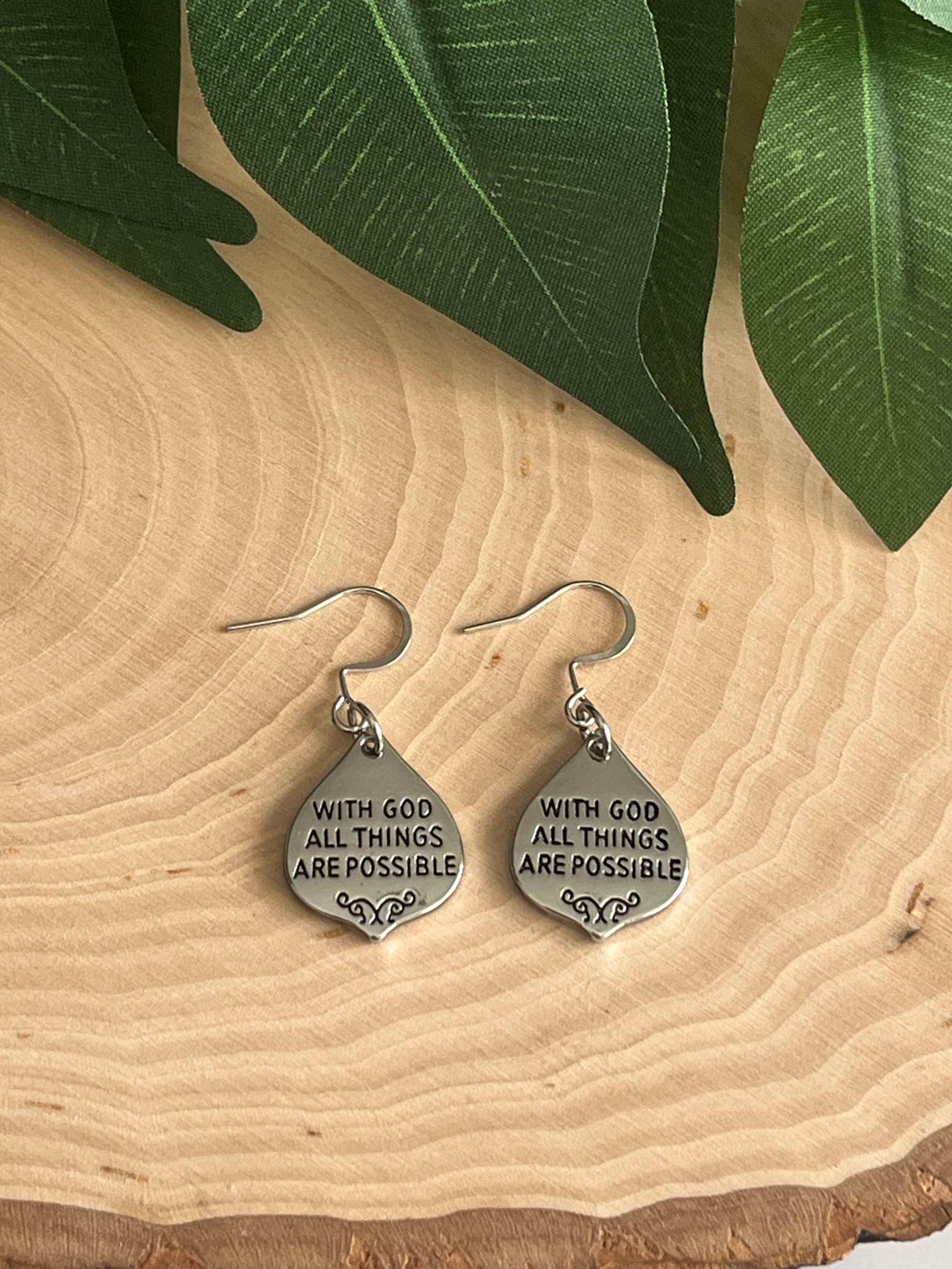 With God All Things Are Possible Silver Earrings - Christian Jewelry