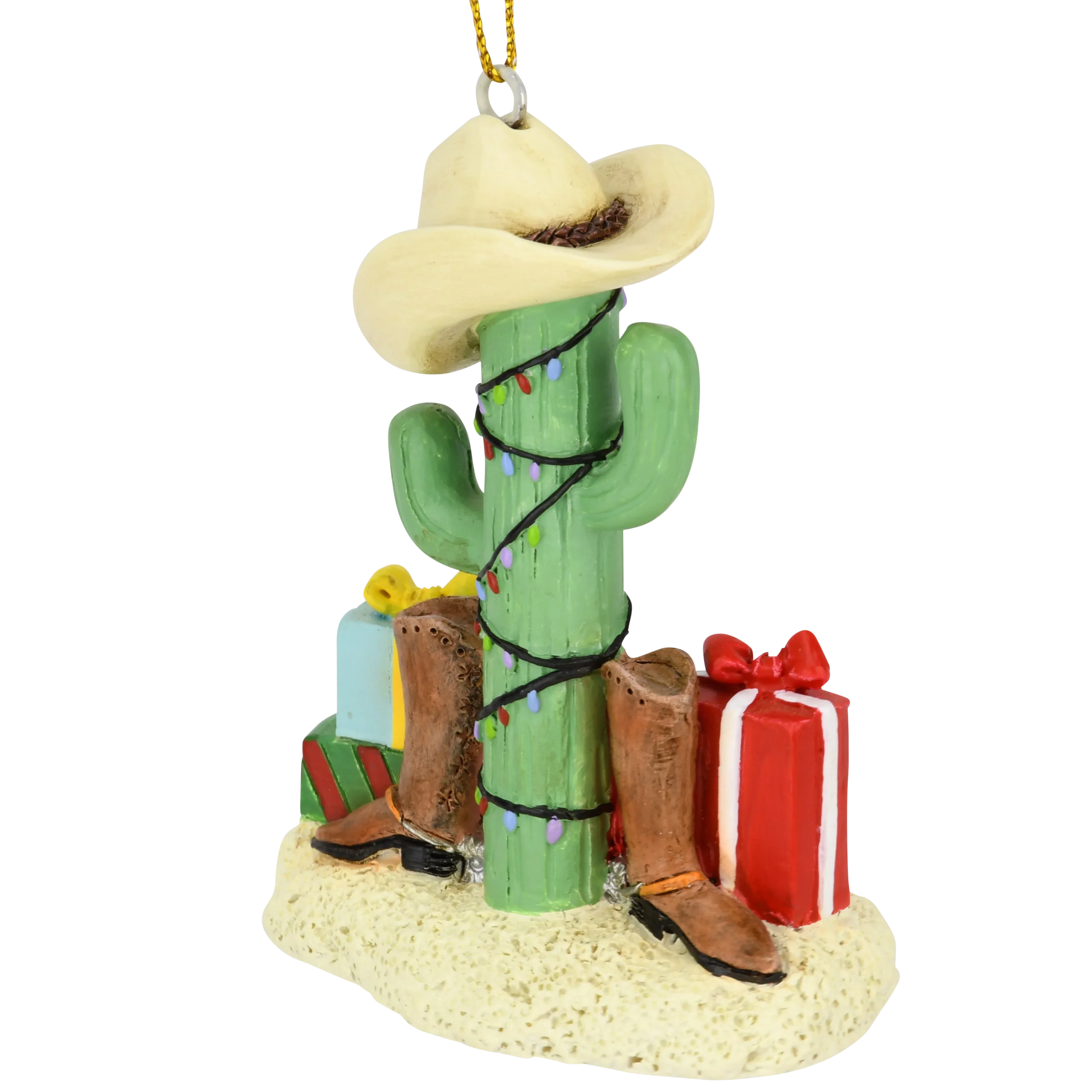 Cactus Christmas Tree with Cowboy Boots Cowboy Hats and Presents Ornament