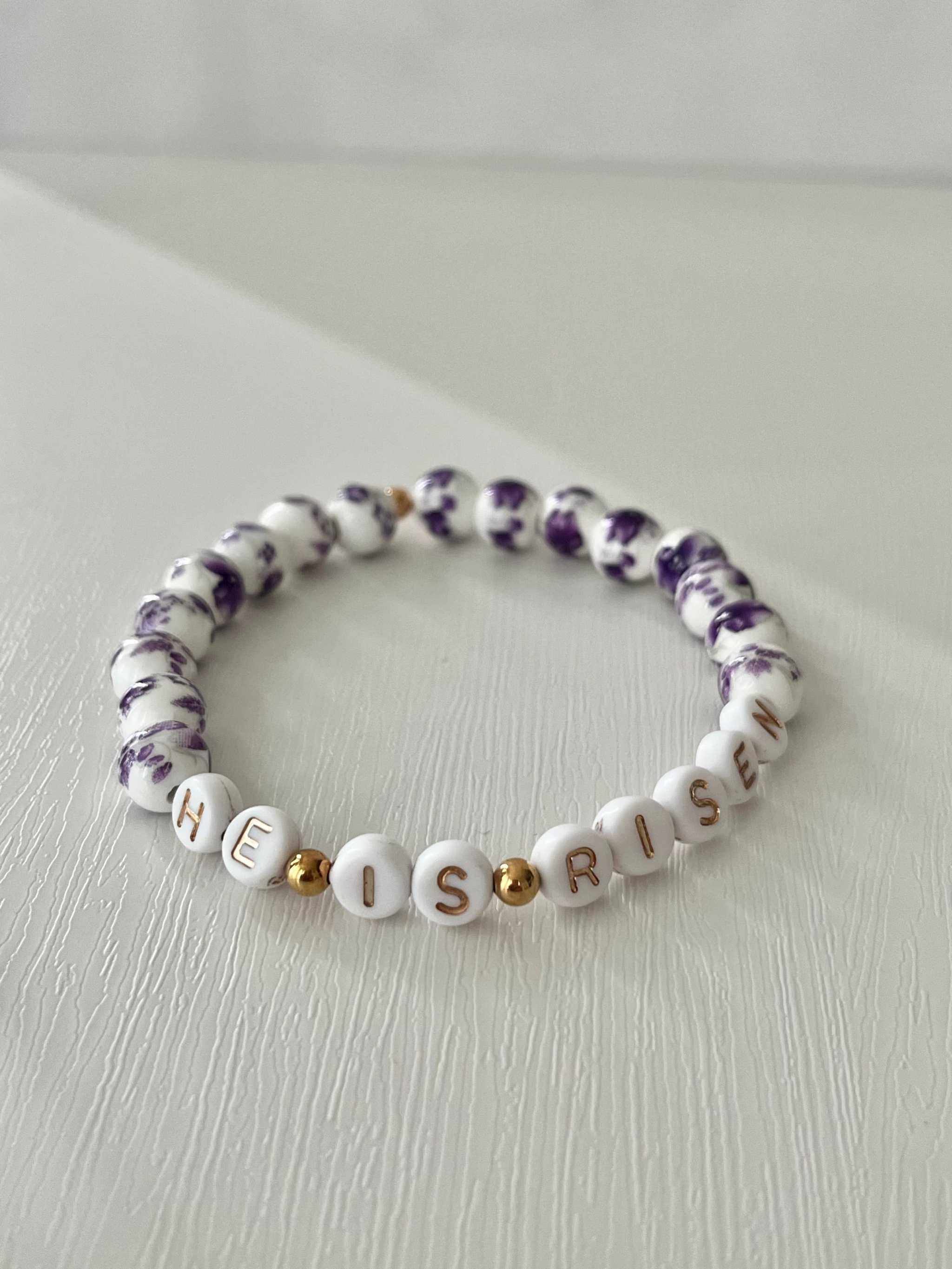 He Is Risen Bead Bracelet – Handmade Christian Jewelry Purple floral