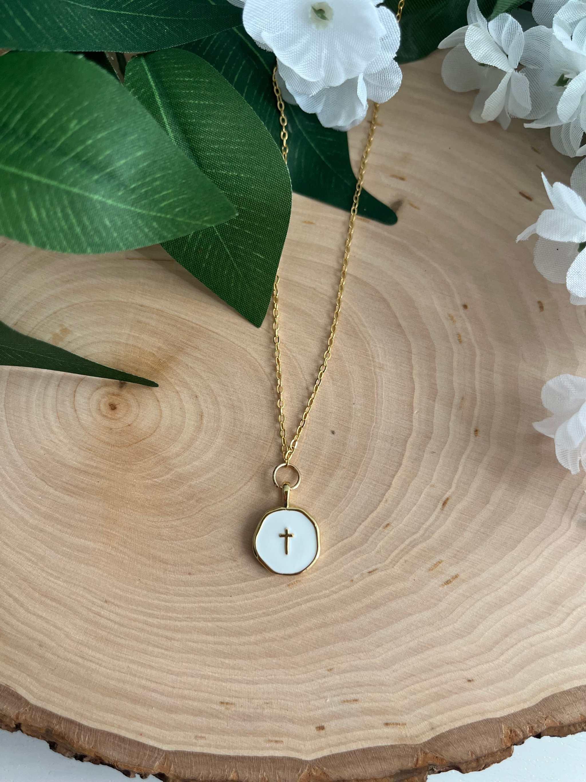 Gold Necklace 18K White Cross Pendant