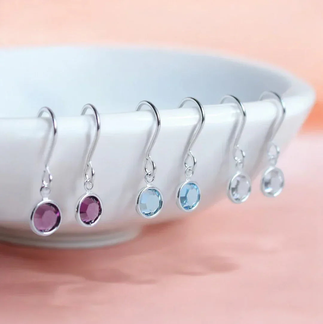 Tiny Sterling Silver Birthstone Drop Earrings – 6mm Swarovski Crystals