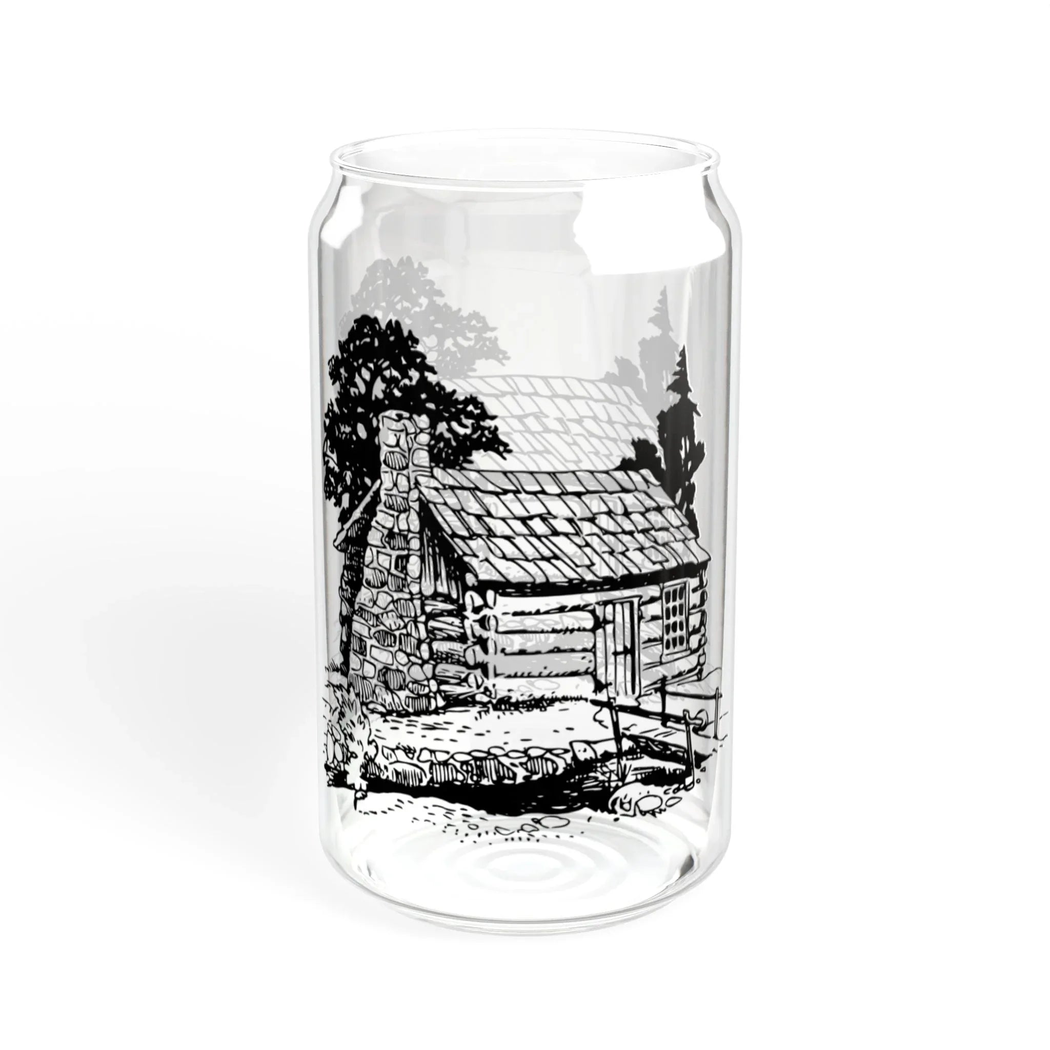 16oz Glass Sipper with Rustic Cabin Illustration – Eco Bamboo Lid & Straw