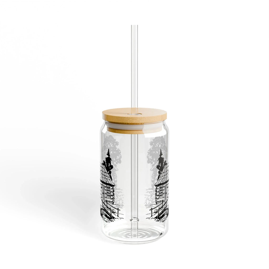16oz Glass Sipper with Rustic Cabin Illustration – Eco Bamboo Lid & Straw With lid and straw 16oz