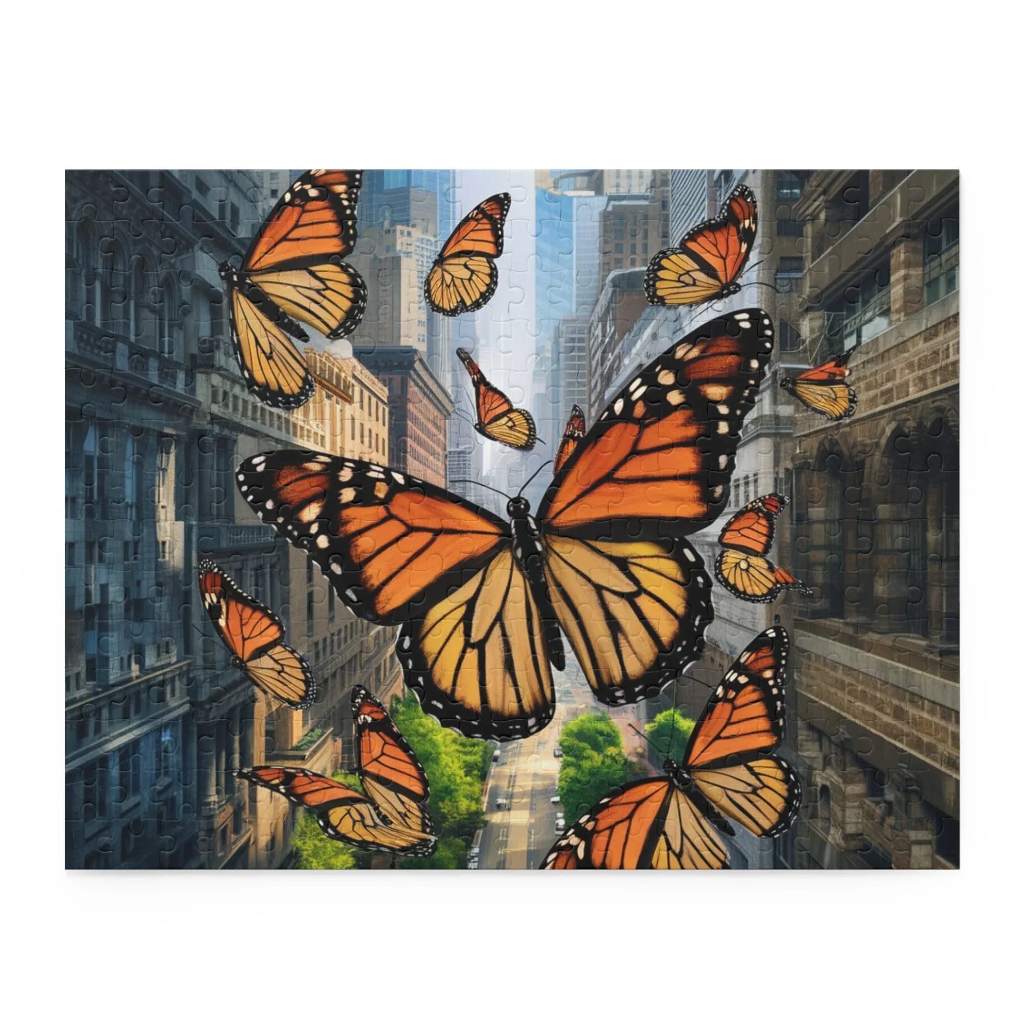 Urban Monarchs Puzzle – Monarch Butterflies Soaring Over City Landscape 14" × 11" (252 pcs)