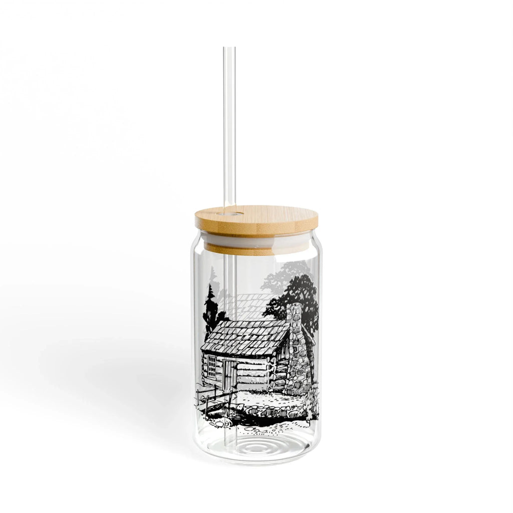 16oz Glass Sipper with Rustic Cabin Illustration – Eco Bamboo Lid & Straw