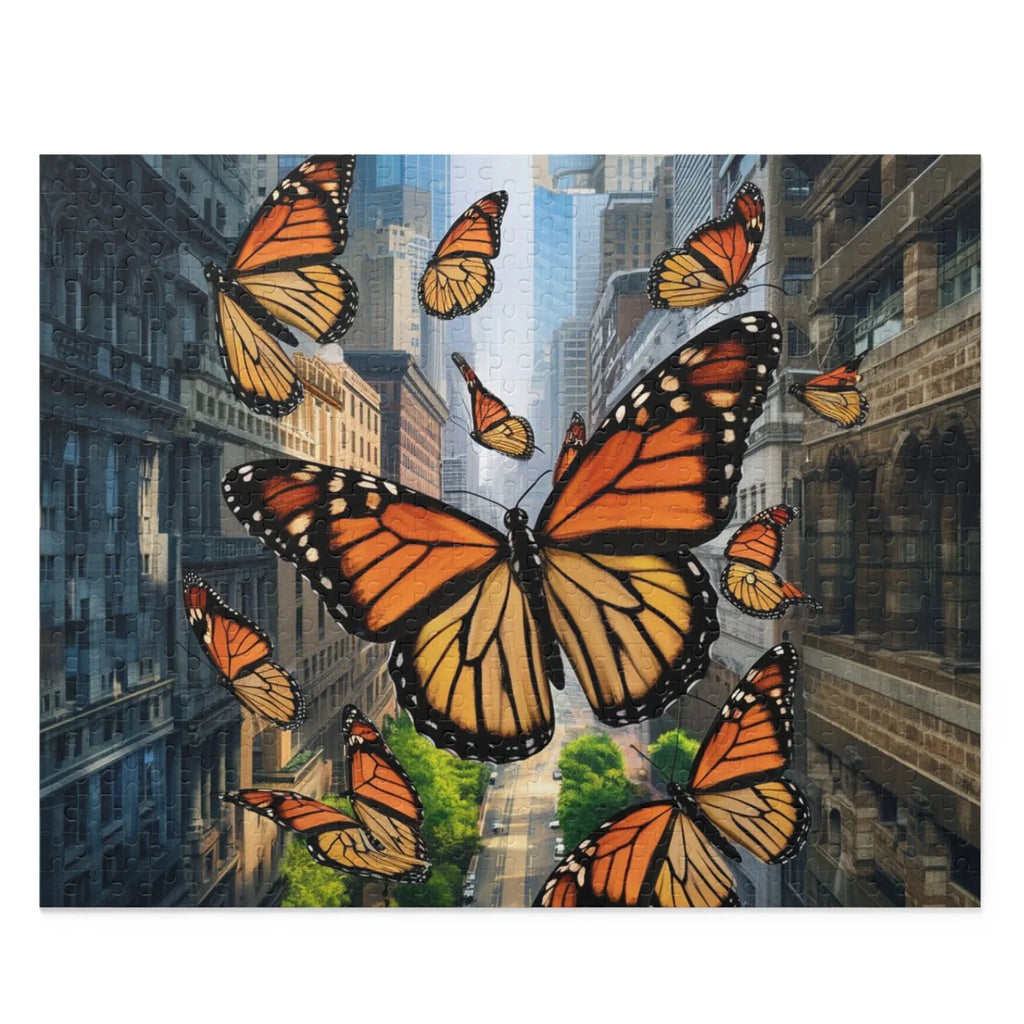 Urban Monarchs Puzzle – Monarch Butterflies Soaring Over City Landscape 20" × 16" (500 pcs)