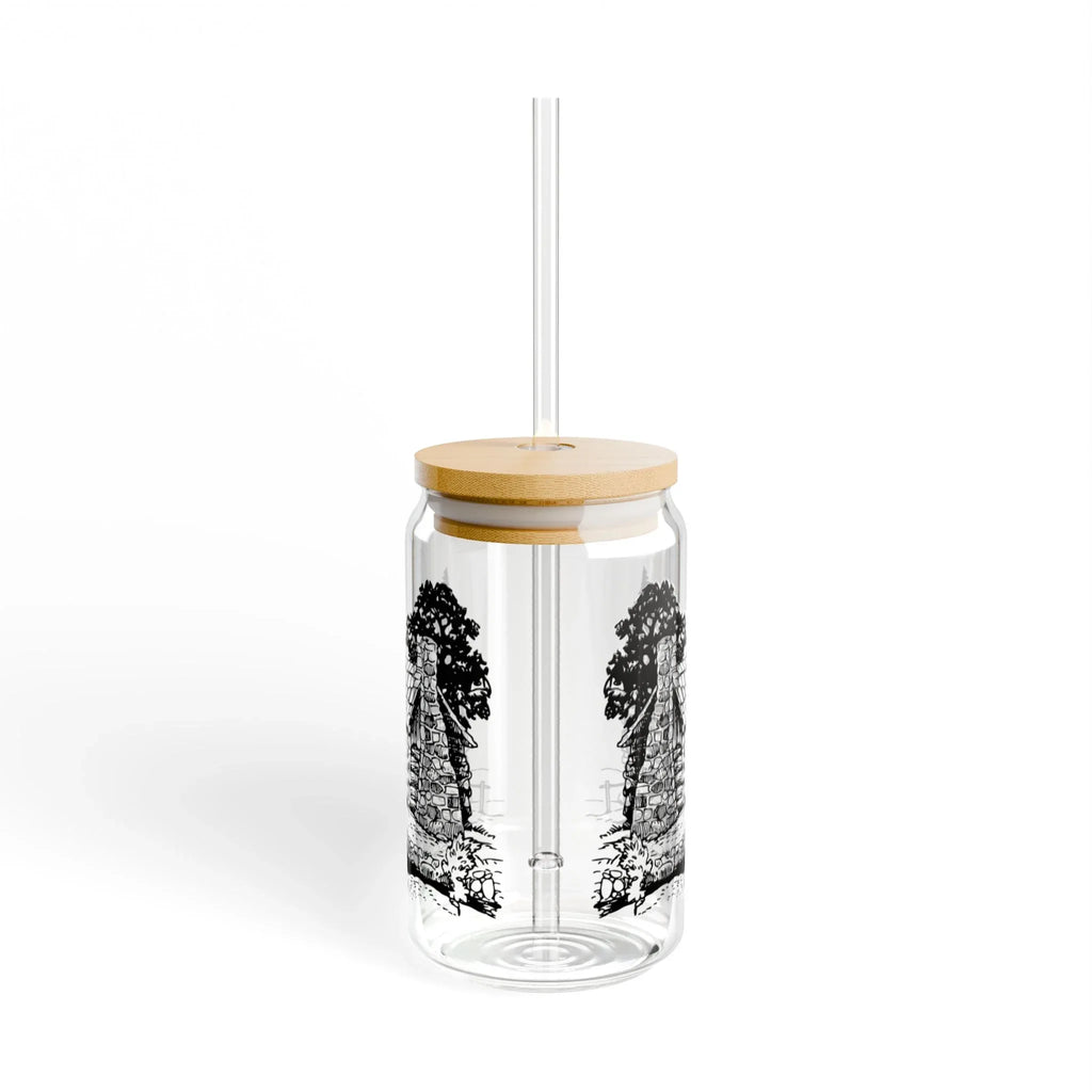 16oz Glass Sipper with Rustic Cabin Illustration – Eco Bamboo Lid & Straw