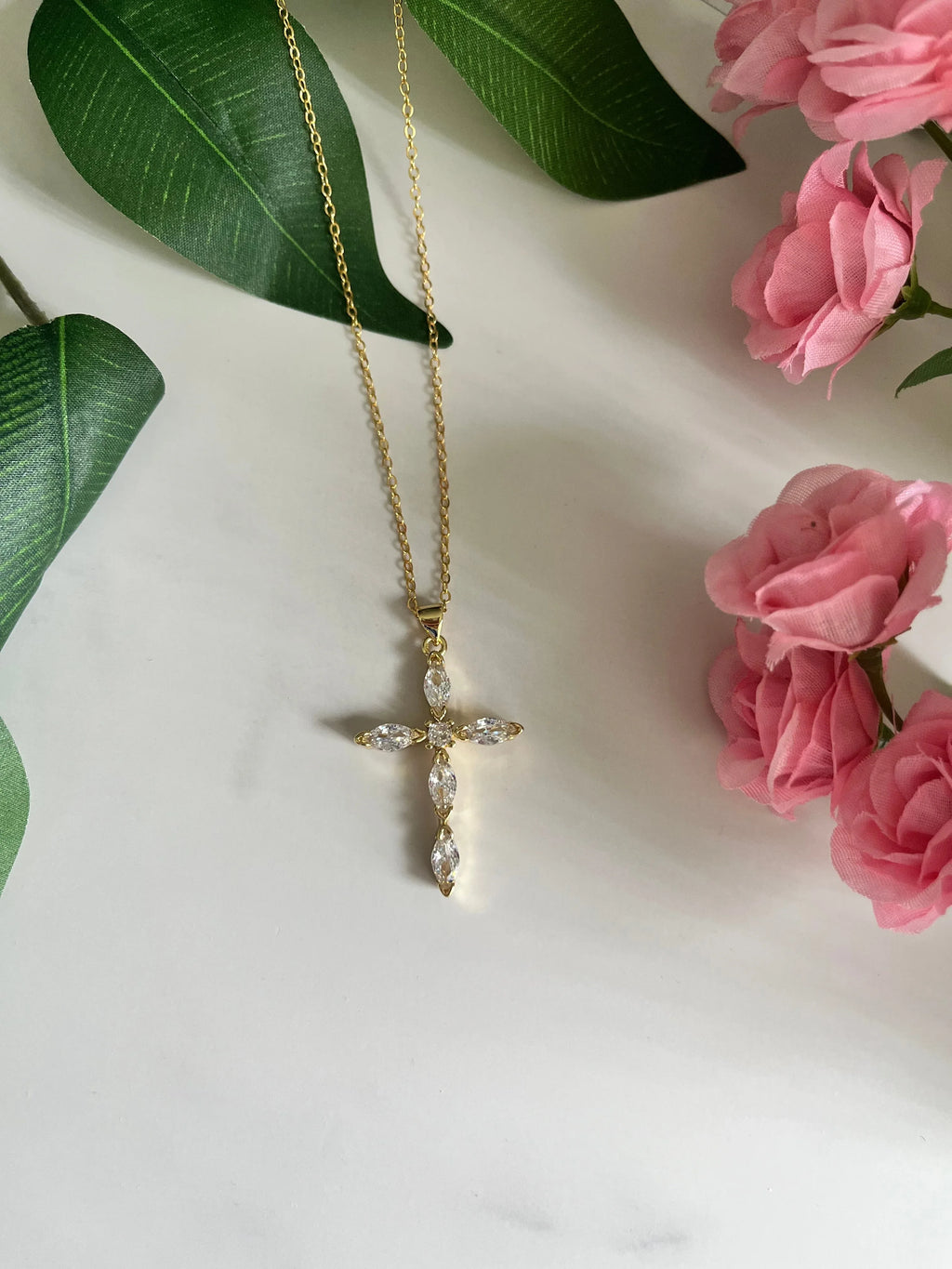 Saved Gold Necklace: 18K Gold-Filled Crystal Cross Pendant