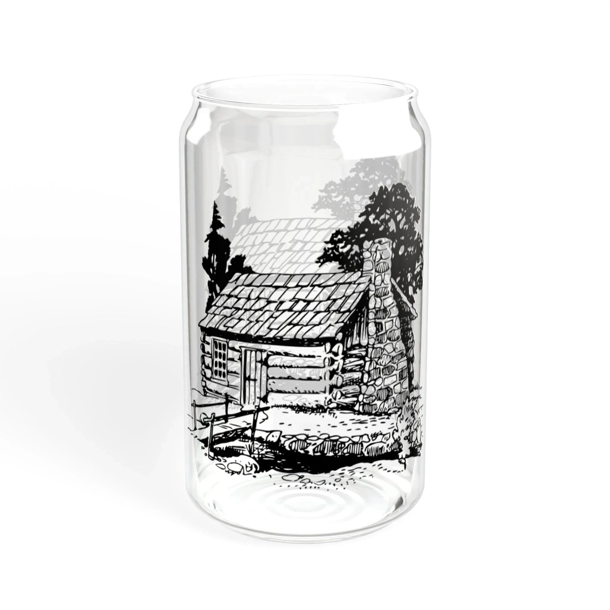 16oz Glass Sipper with Rustic Cabin Illustration – Eco Bamboo Lid & Straw