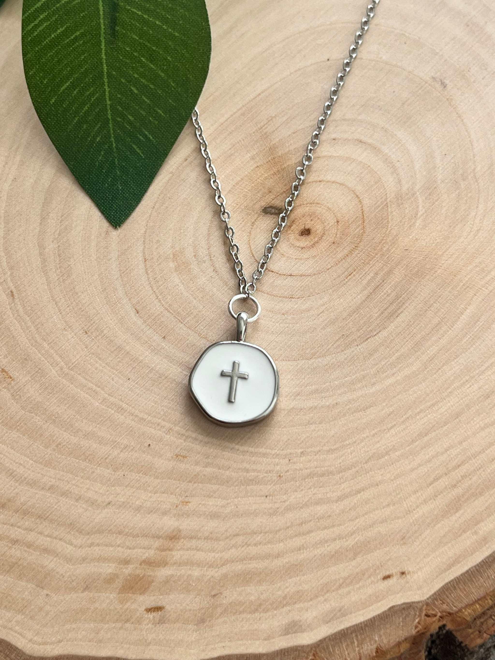 Silver Necklace White Cross Pendant - Elegant 18" Hypoallergenic Design