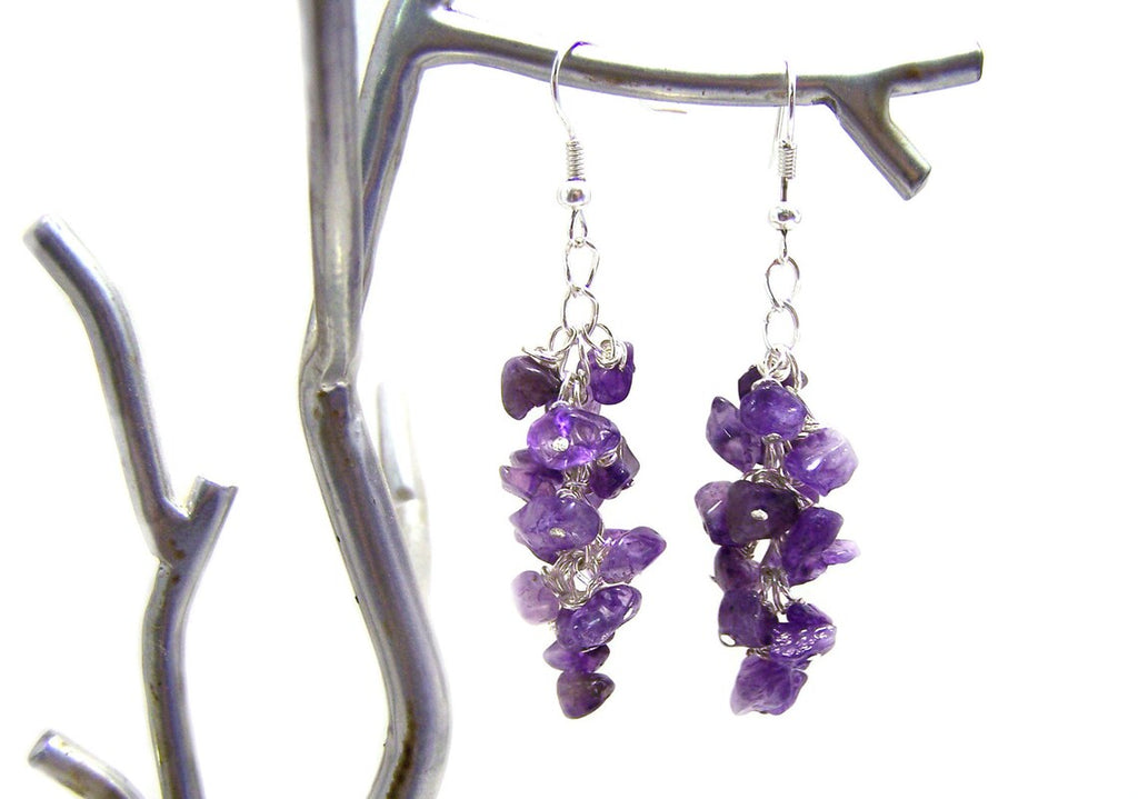 Amethyst Gemstone Wire Wrapped Cluster Sterling Silver Earrings
