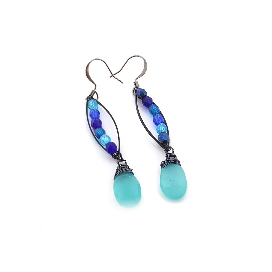 Blue Chalcedony & Czech Glass Dangle Earrings – Oxidized Sterling Silver