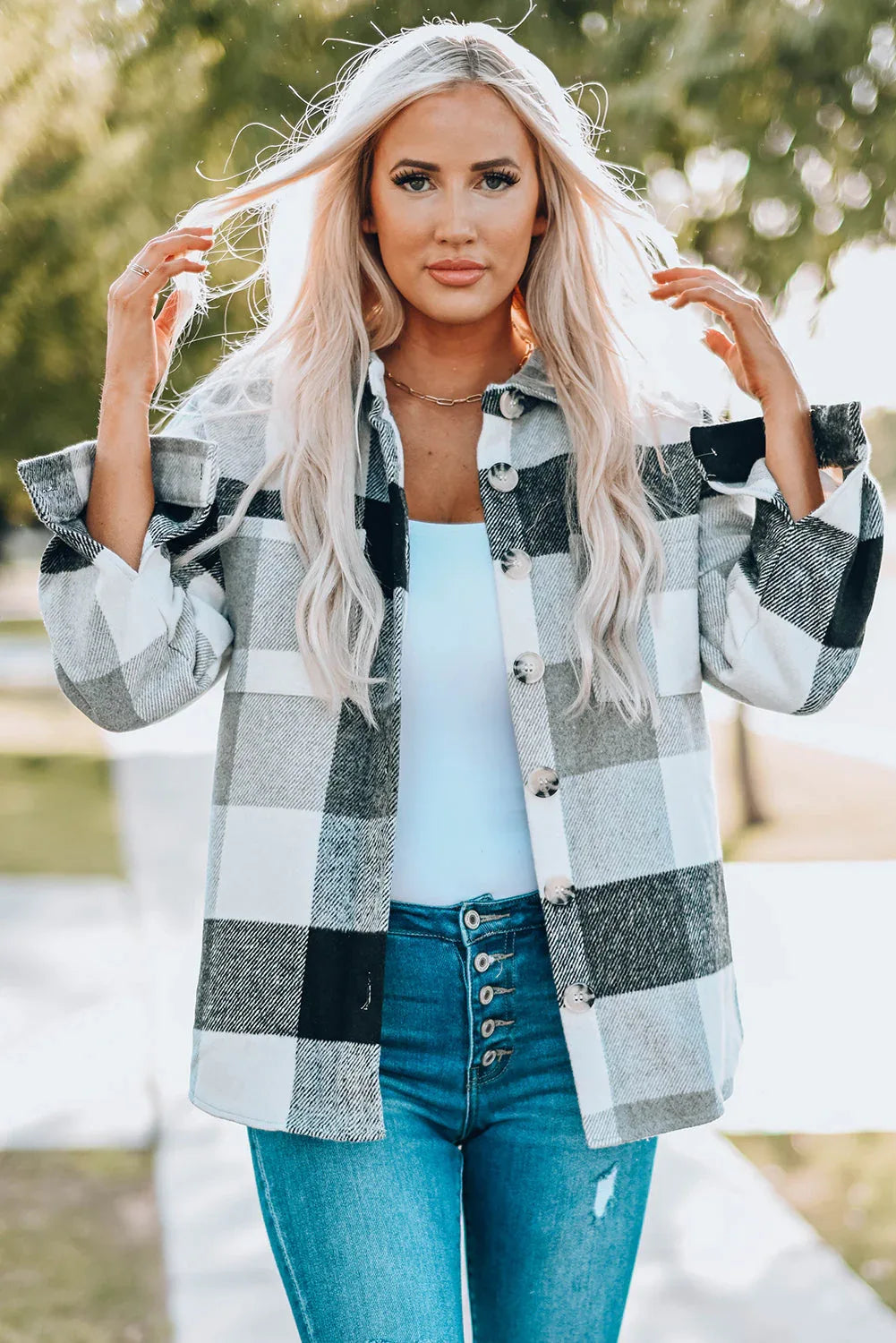 Plaid Button-Up Long Sleeve Pocketed Shacket
