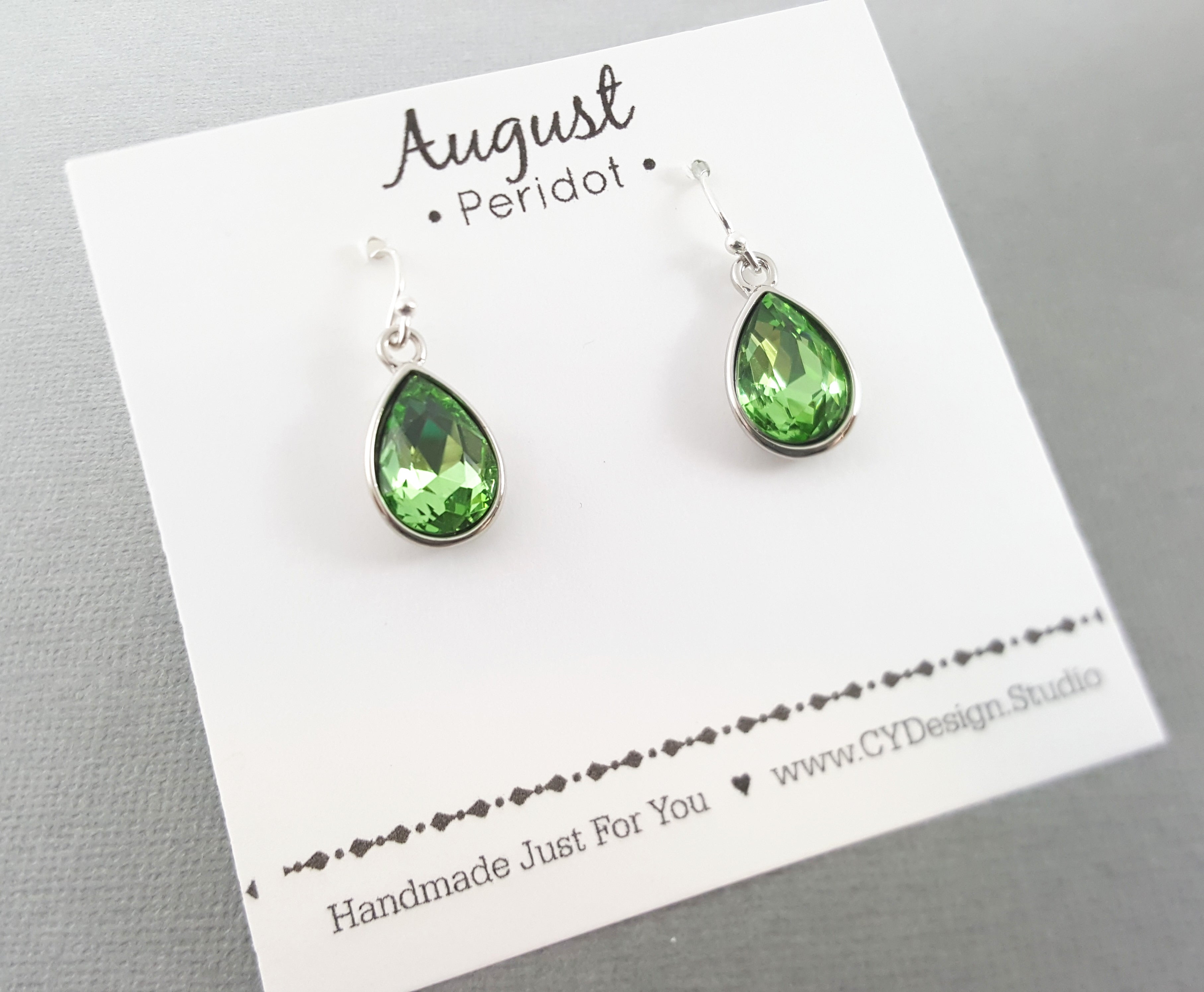 August Birthstone Earrings – Peridot Crystal Teardrop Earrings, Sterling Silver Ear Wires, Handmade Gift