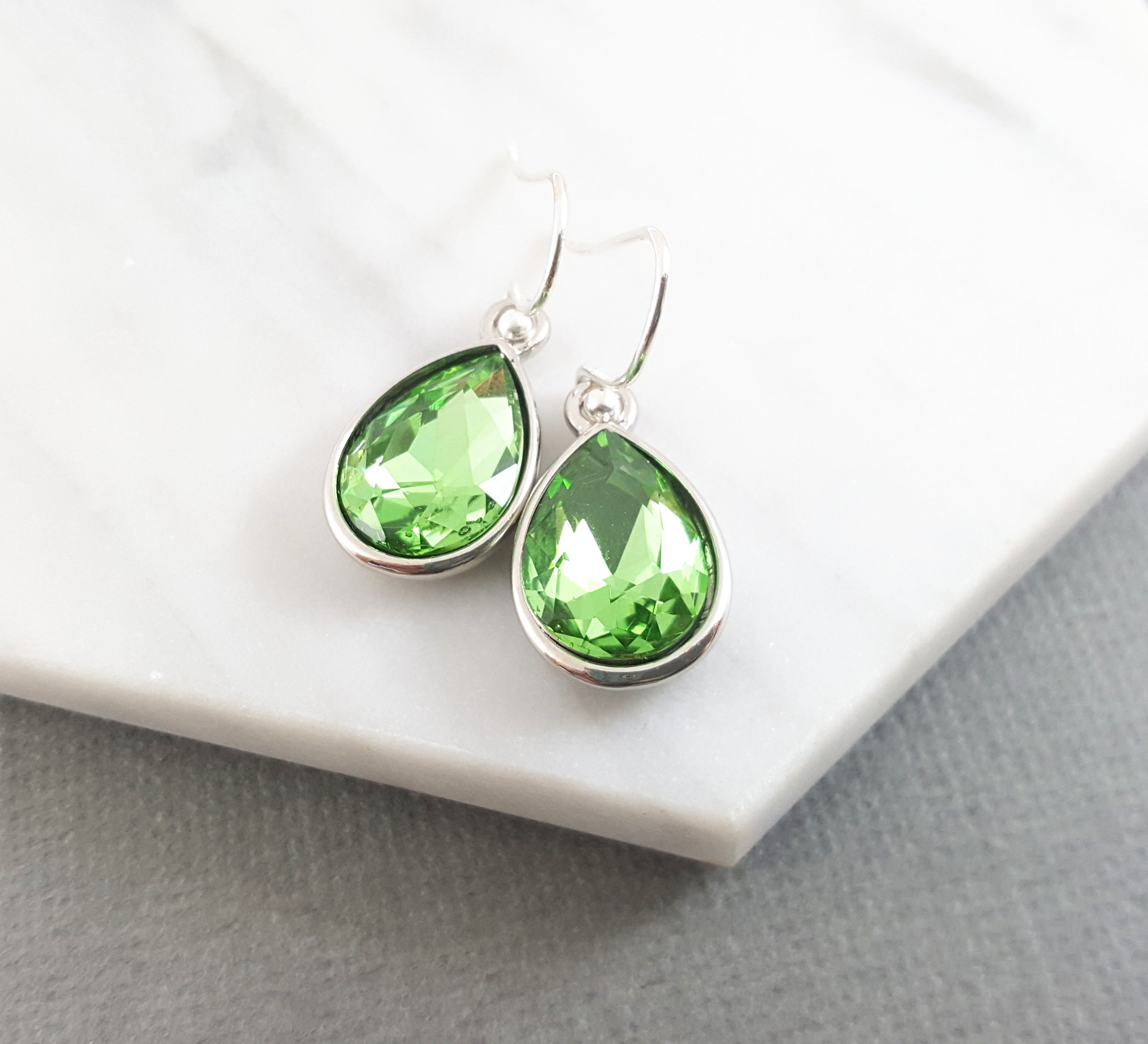 August Birthstone Earrings – Peridot Crystal Teardrop Earrings, Sterling Silver Ear Wires, Handmade Gift