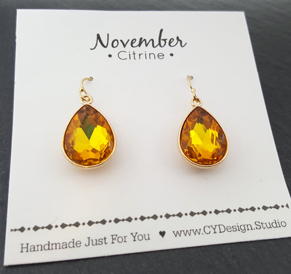 November Birthstone Earrings – Citrine Teardrop Crystal Earrings – 14k Gold Filled Dangle Earrings Gift for Her