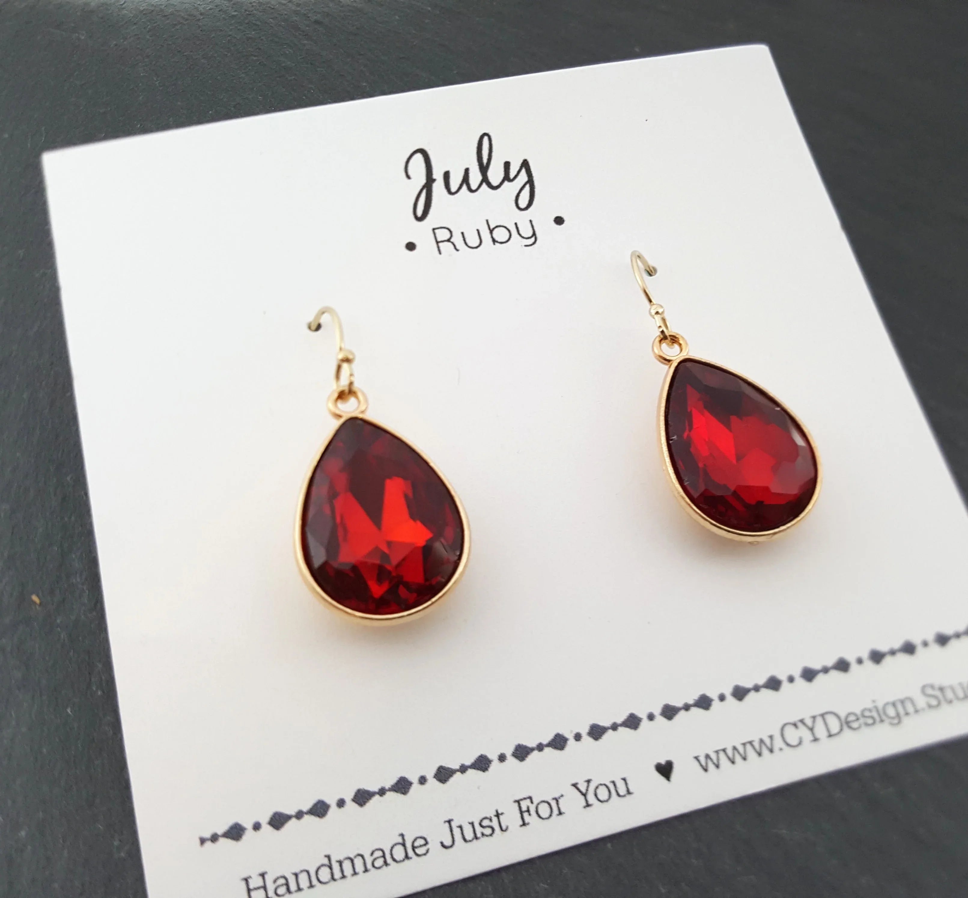 July Birthstone Earrings - Ruby Crystal Gold Filled Teardrop Earrings - Gift for Her