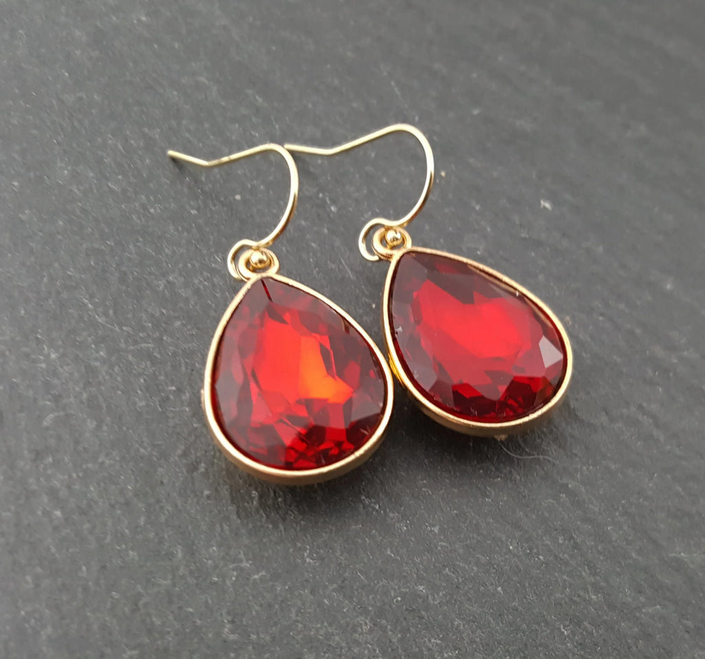 July Birthstone Earrings - Ruby Crystal Gold Filled Teardrop Earrings - Gift for Her