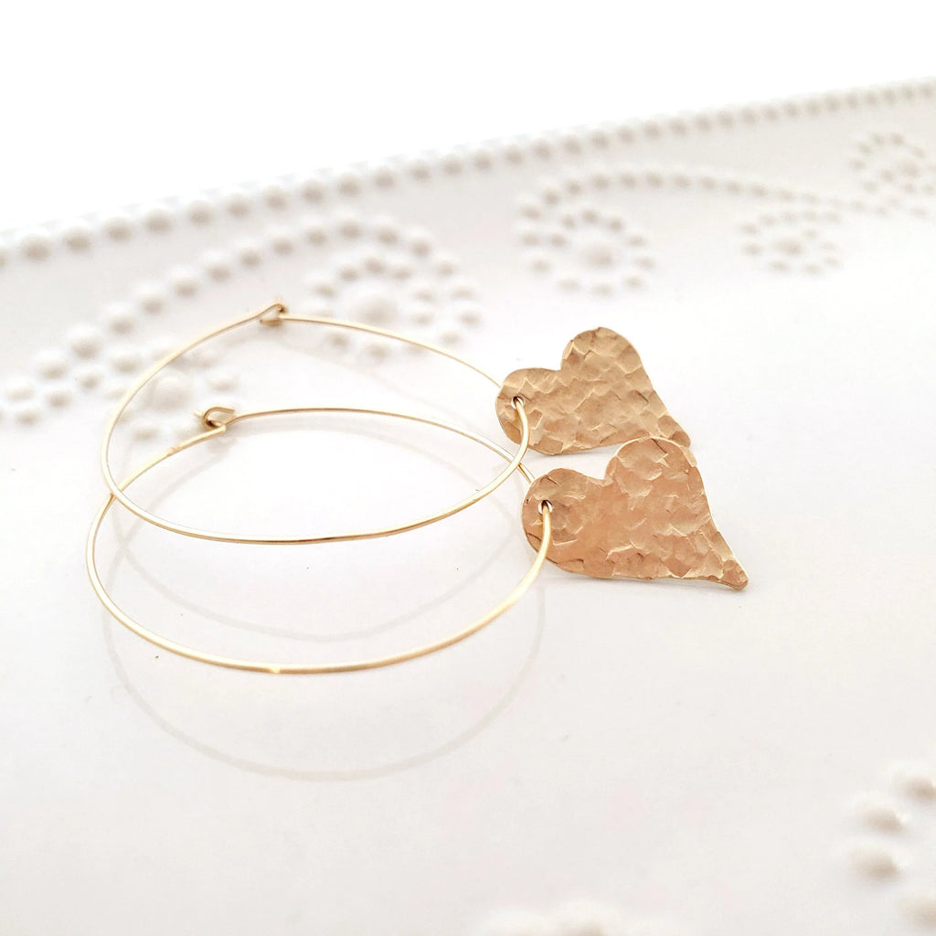 Sweetheart Earrings - Hammered Heart Hoop Earrings - Handmade Hoops
