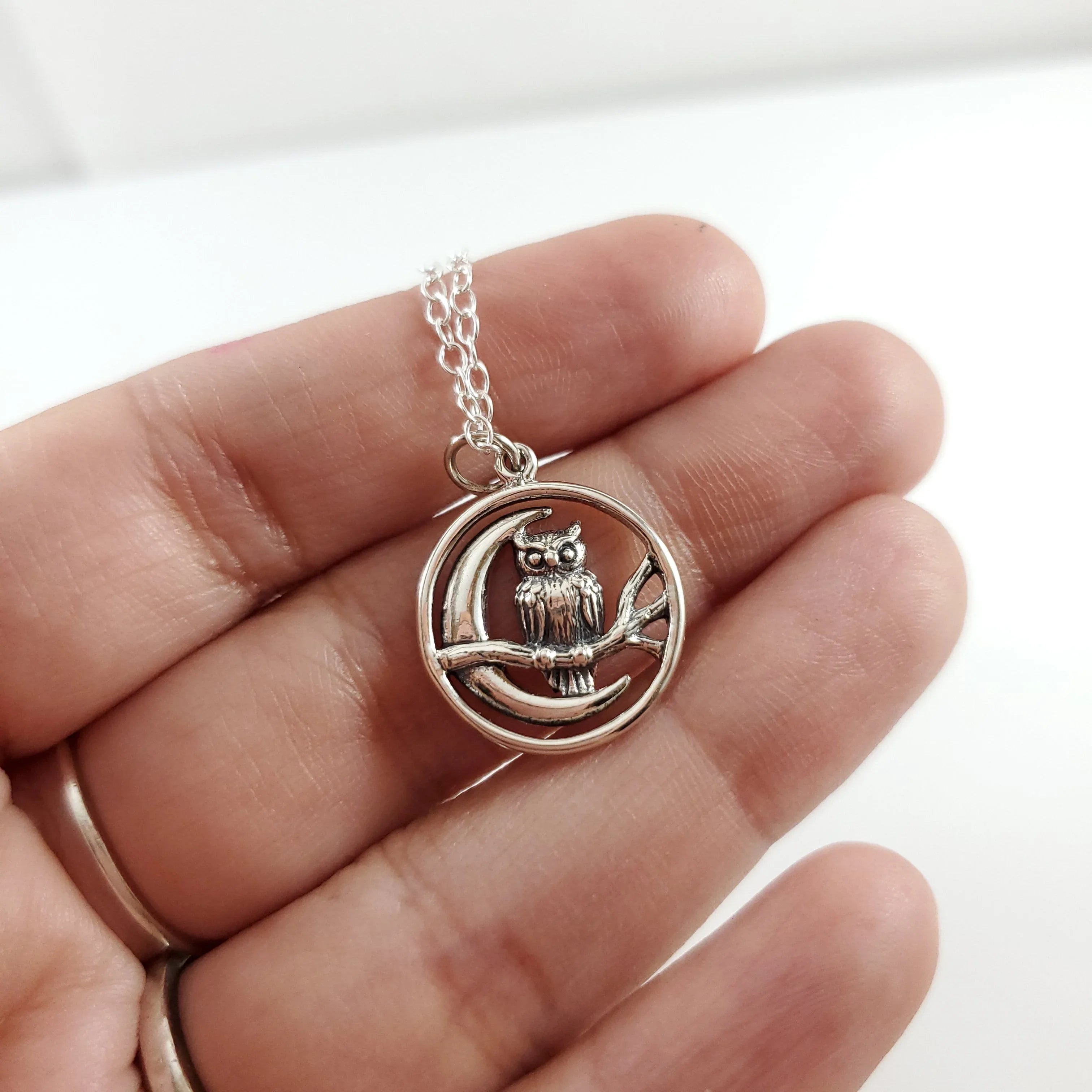 Moon Charm with Owl Necklace - Sterling Silver Jewelry