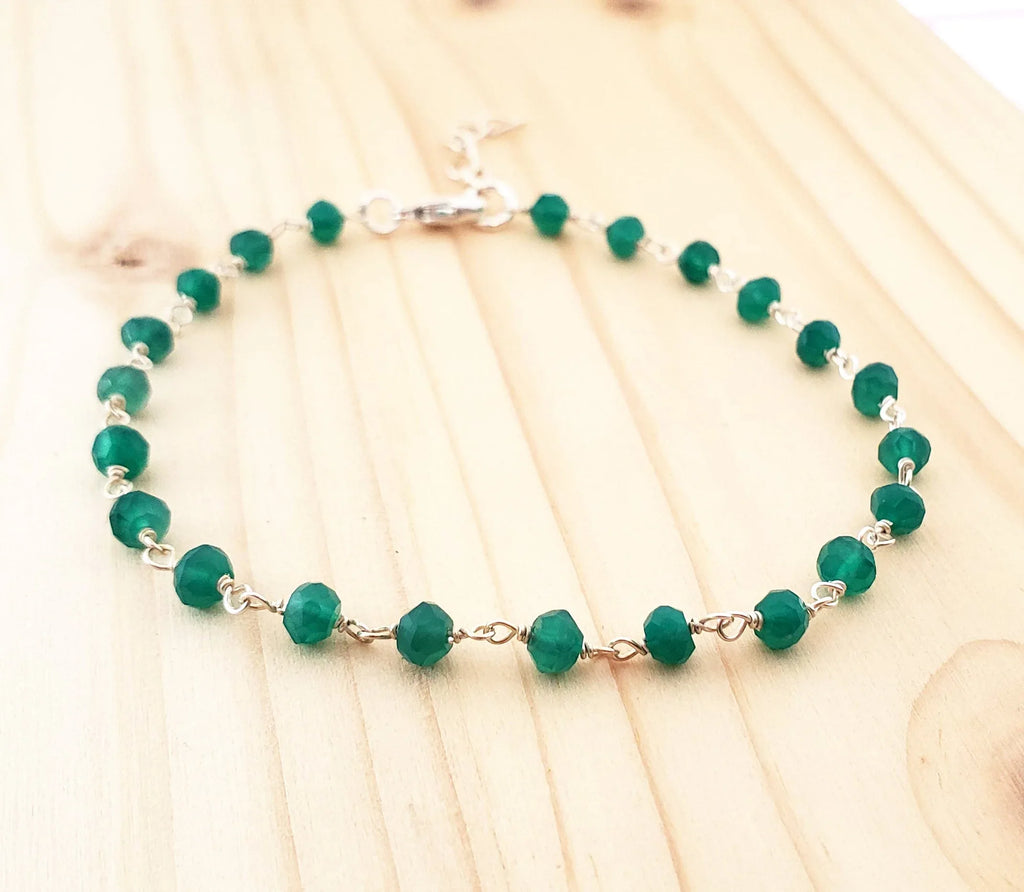 Green Onyx Gemstone Layering Bracelet - Wire Wrapped Chain Bracelet