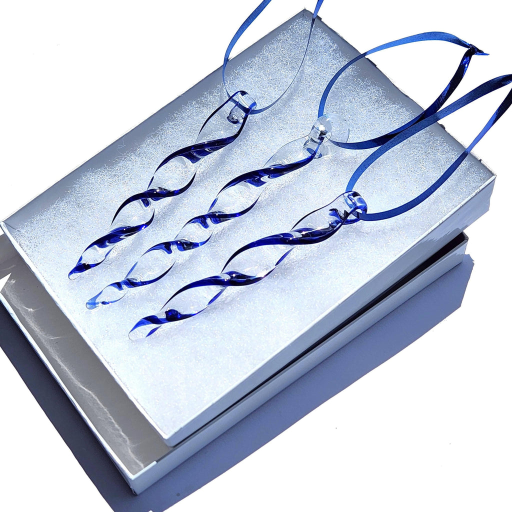 Handmade Blue Glass Icicle Christmas Ornaments – Set of 3