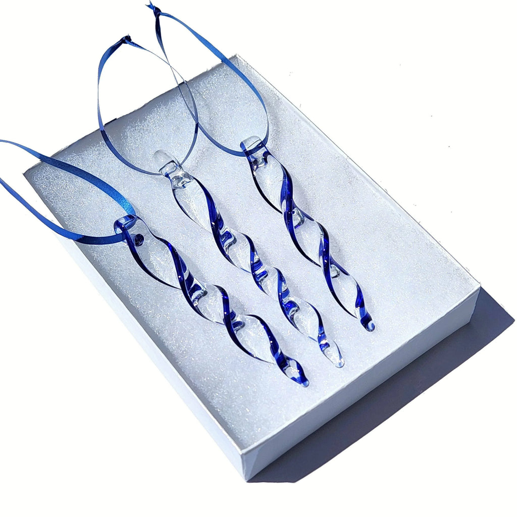 Handmade Blue Glass Icicle Christmas Ornaments – Set of 3