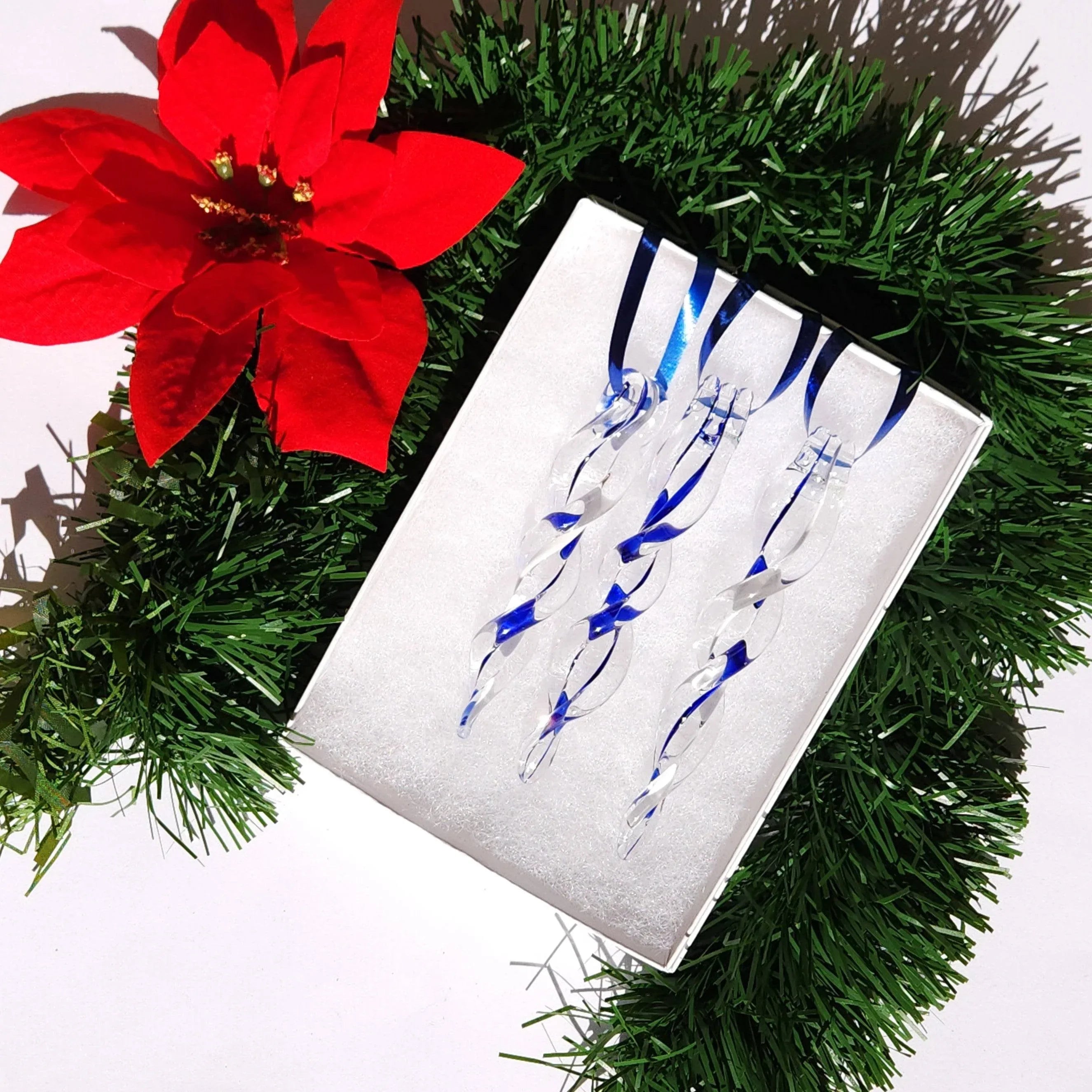 Handmade Christmas Decorations - Set of 3 Blue and White Glass Icicle Ornaments