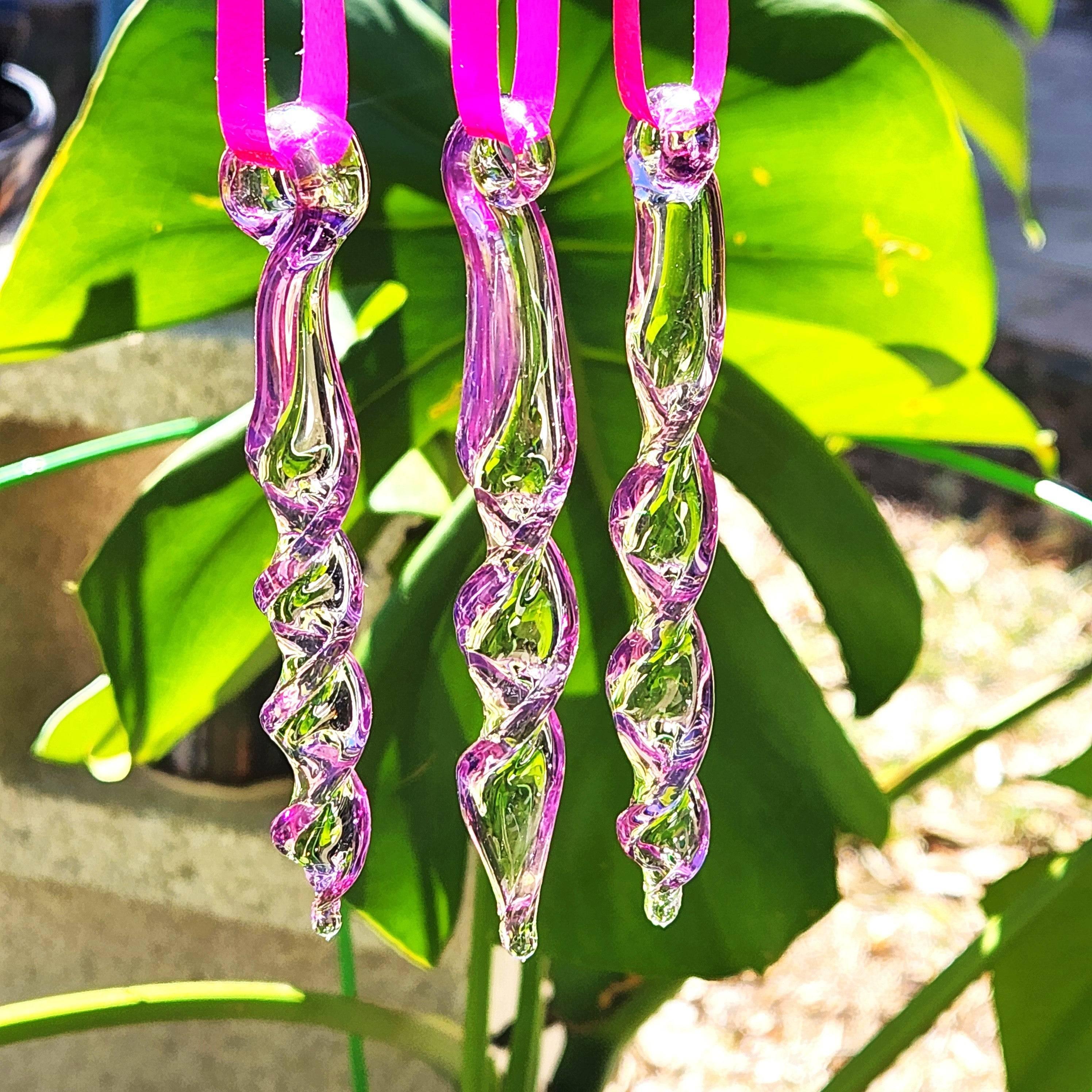 Handmade Purple Glass Icicle Ornaments & Suncatchers – Set of 3