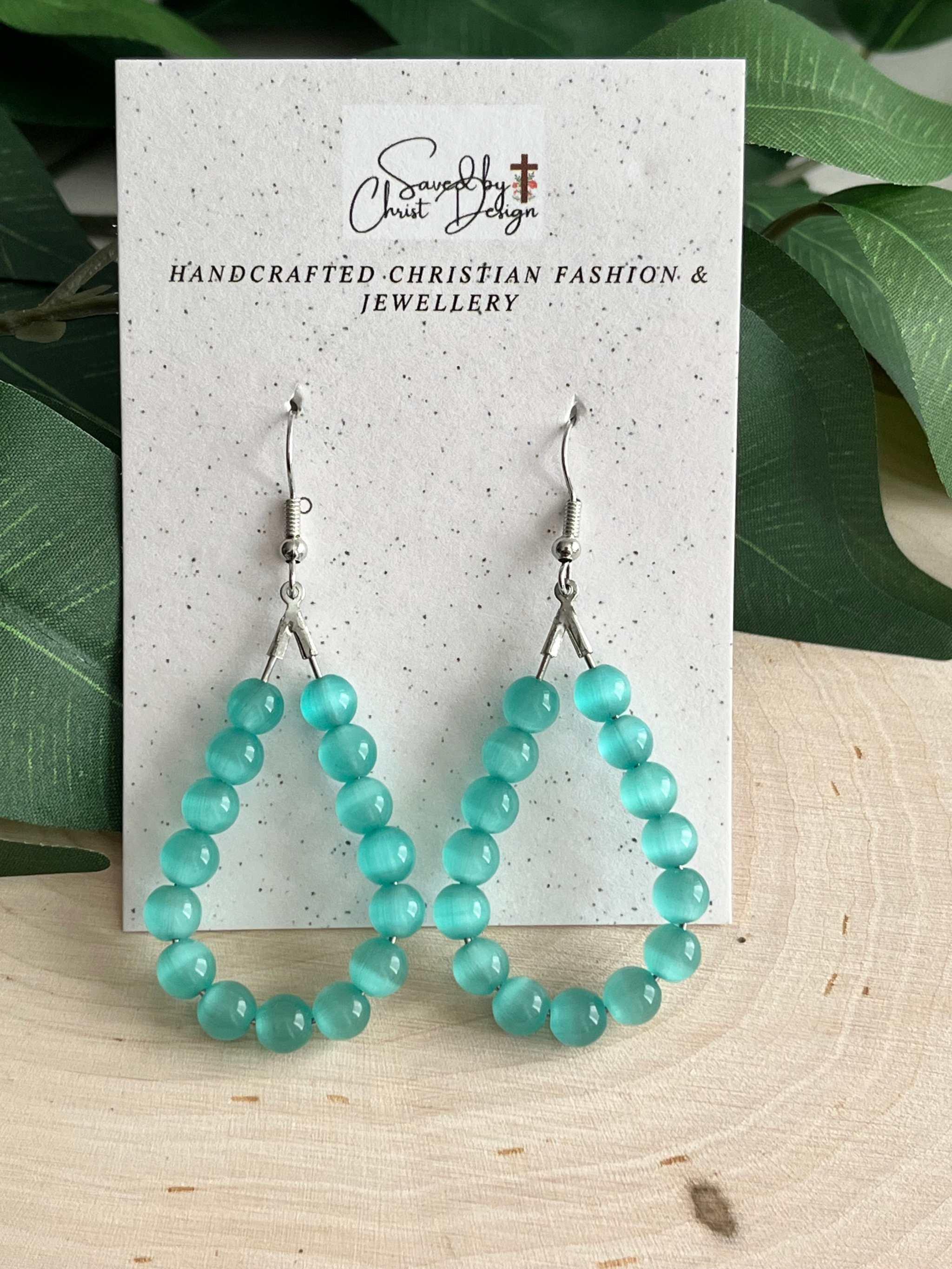 Teal Cat Eye Silver Earrings Light Blue Opal Drop