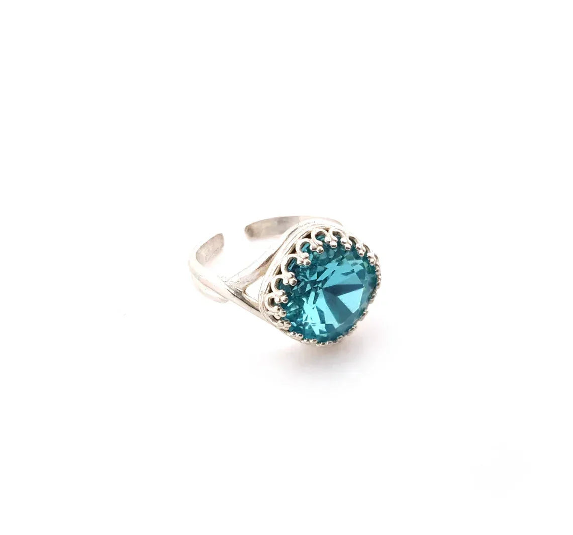 Sterling Silver Blue Topaz Swarovski Ring – Adjustable December Birthstone Statement Ring