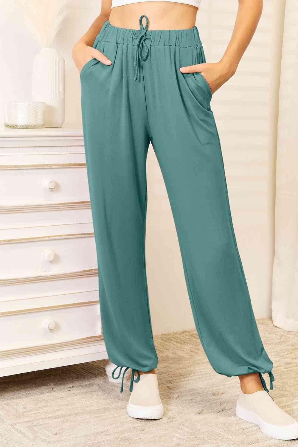 Basic Bae Full Size Soft Rayon Drawstring Women Waist Pants with Pockets Teal