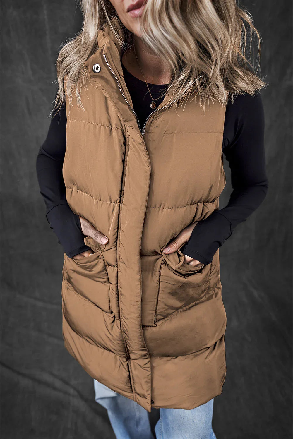 Solid Zip-Up Pocketed Puffer Vest