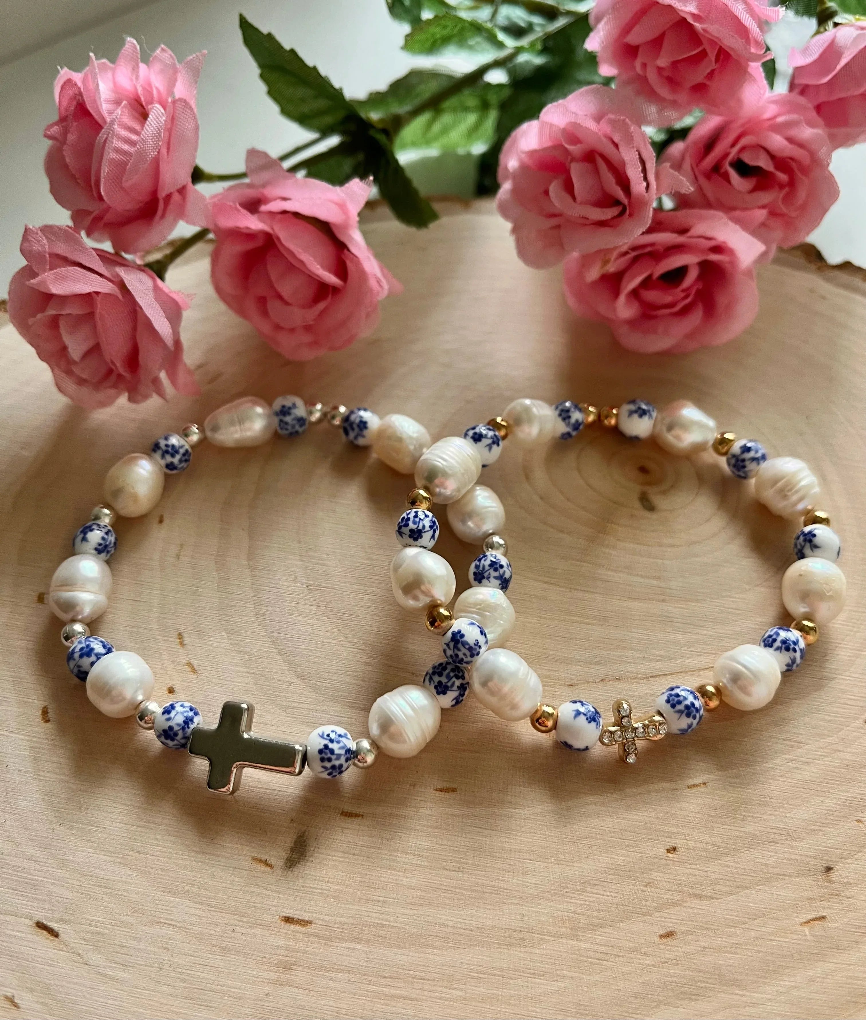 Floral Pearl Cross Bracelet – Christian Jewelry for Women