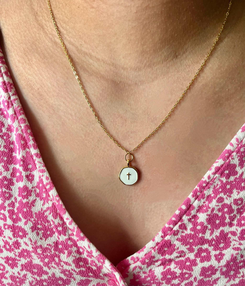Gold Necklace 18K White Cross Pendant