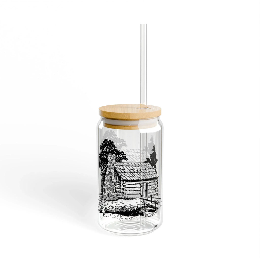 16oz Glass Sipper with Rustic Cabin Illustration – Eco Bamboo Lid & Straw