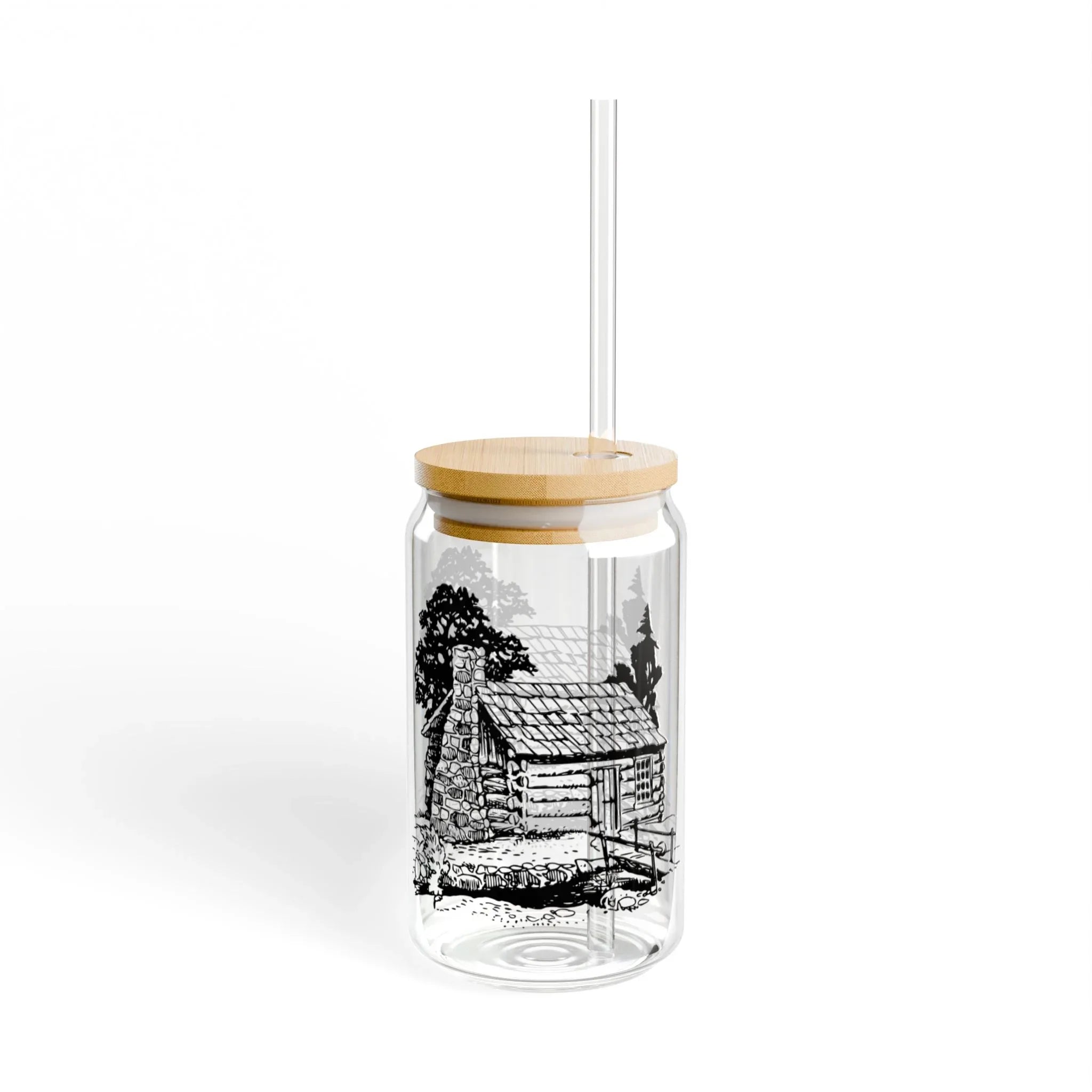 16oz Glass Sipper with Rustic Cabin Illustration – Eco Bamboo Lid & Straw