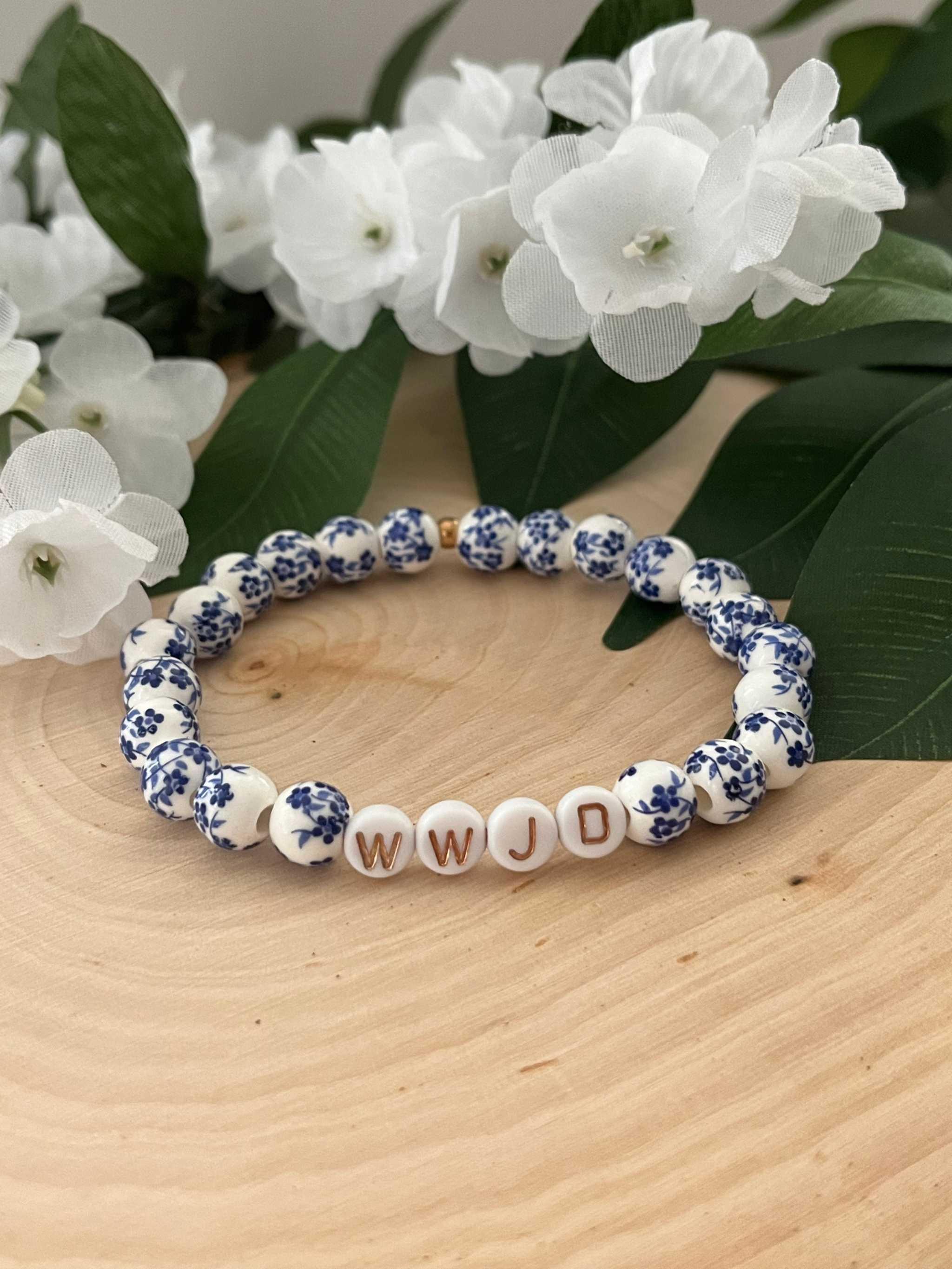 WWJD Bead Bracelet - Multi-Color Natural Stone Faith Jewelry Blue floral