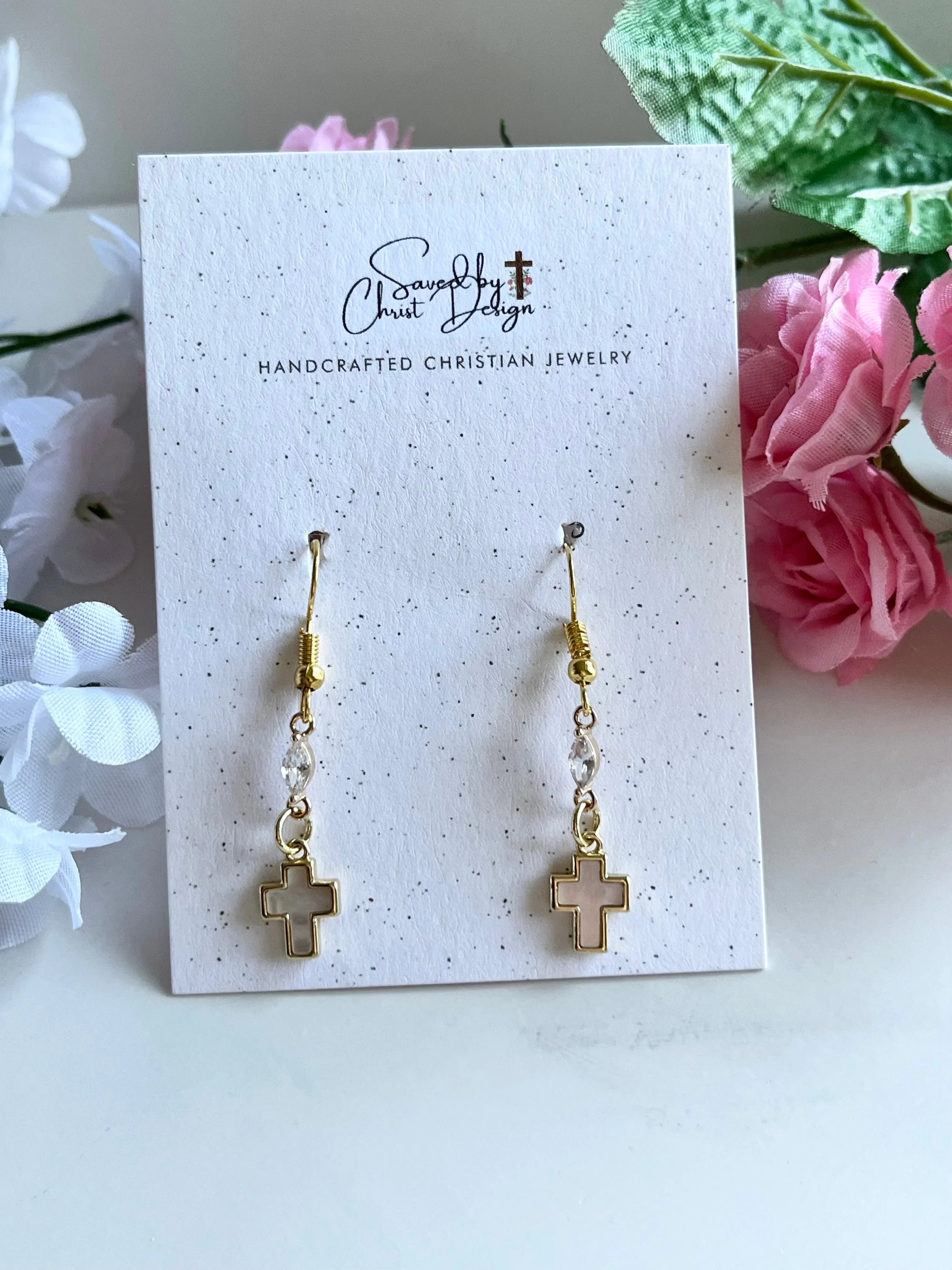 Mother of Pearl Gold Cross Earrings – Christian Faith Jewelry for Women