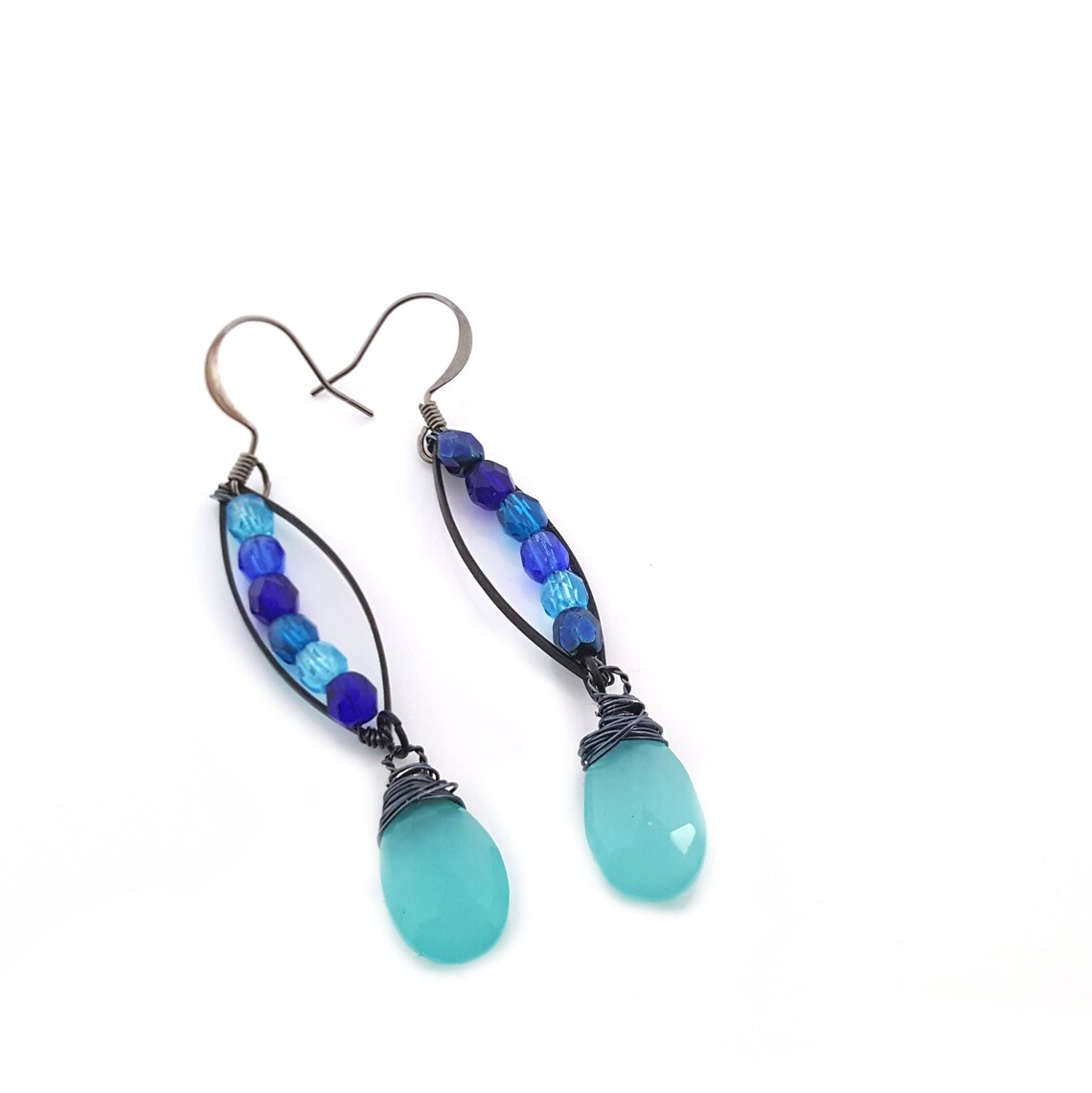 Blue Chalcedony & Czech Glass Dangle Earrings – Oxidized Sterling Silver