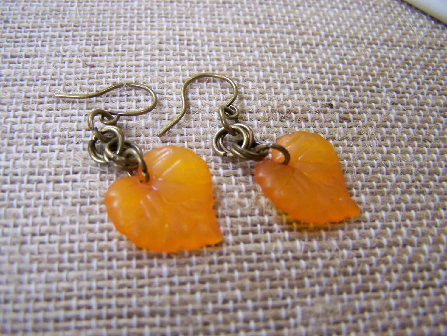 Orange Leaf Dangle Earrings – Acrylic Charms and Antiqued Brass, 1.5 Inch