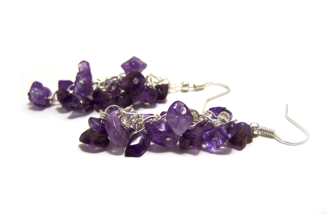 Amethyst Gemstone Wire Wrapped Cluster Sterling Silver Earrings