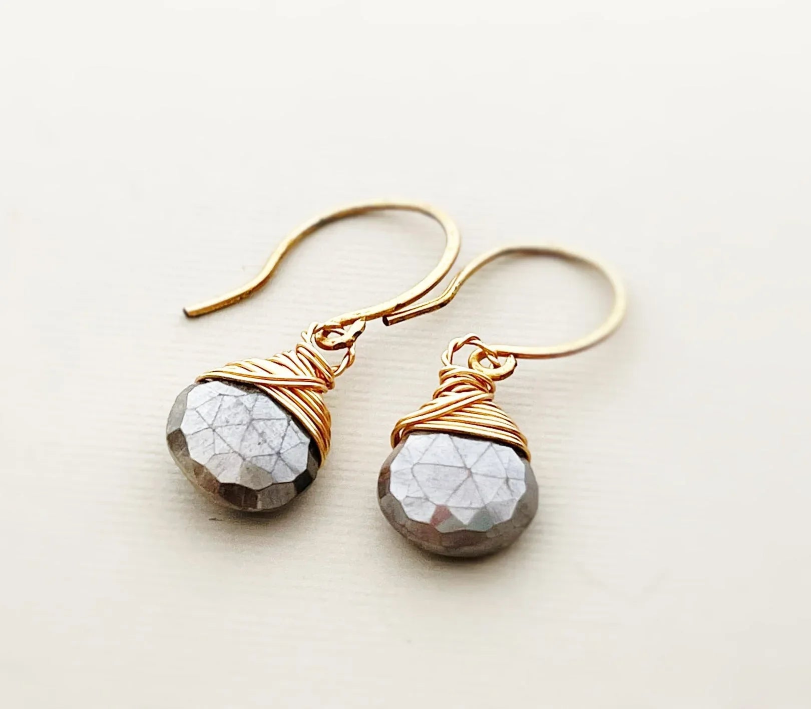 Gray Moonstone Briolette Earrings – Gold Filled Wire Wrapped, 1 Inch
