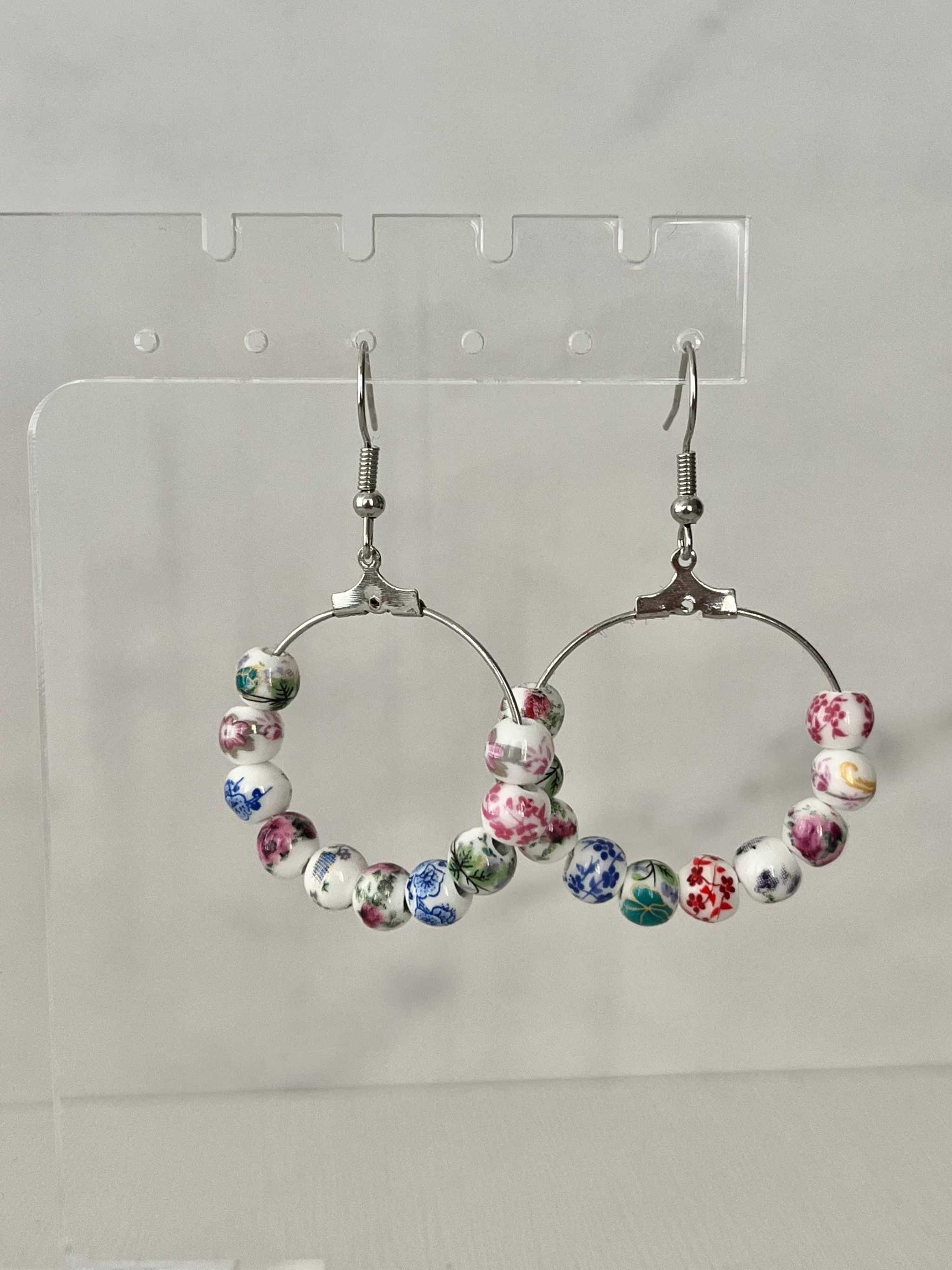 Floral Hoop Earrings – Multicolored Beaded Silver Jewelry