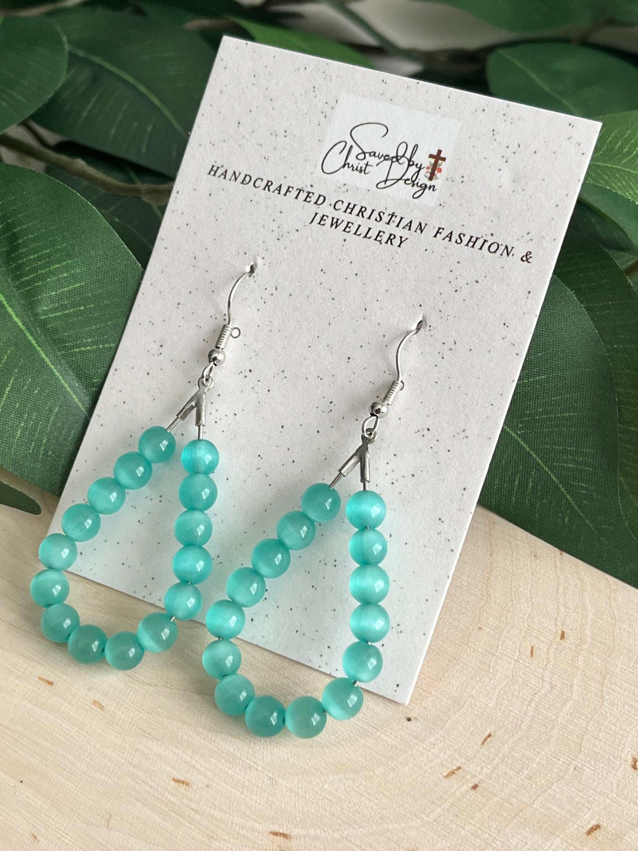 Teal Cat Eye Silver Earrings Light Blue Opal Drop