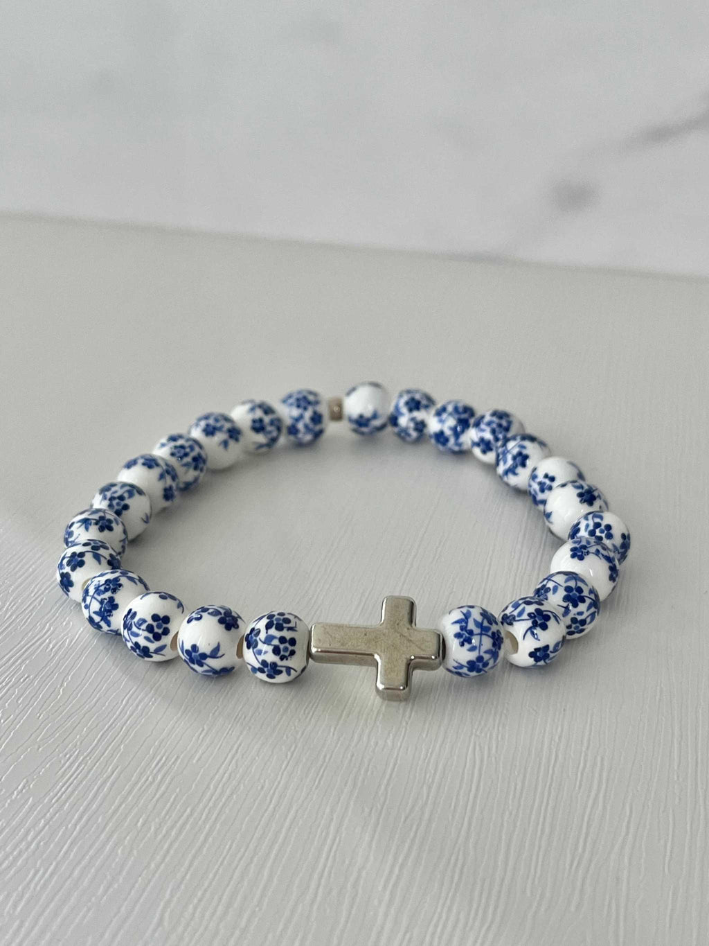 Cross Bead Bracelet Collection - Faith-Inspired Jewelry Blue floral 8mm