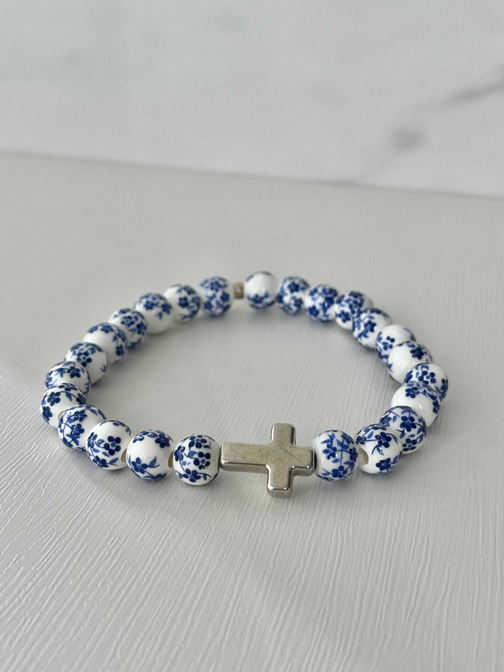 Cross Bead Bracelet Collection - Faith-Inspired Jewelry Blue floral 8mm