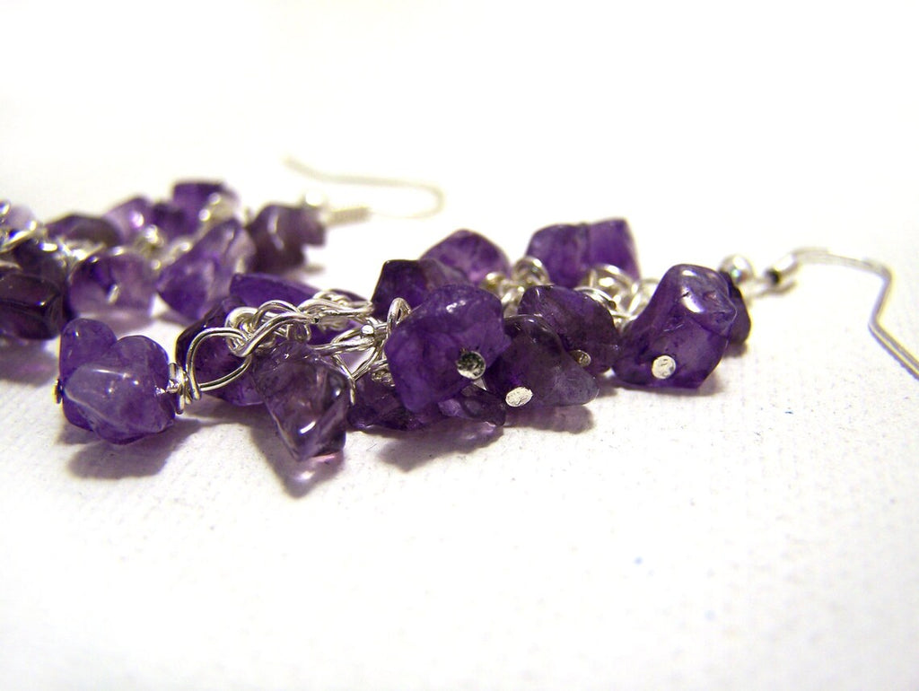 Amethyst Gemstone Wire Wrapped Cluster Sterling Silver Earrings